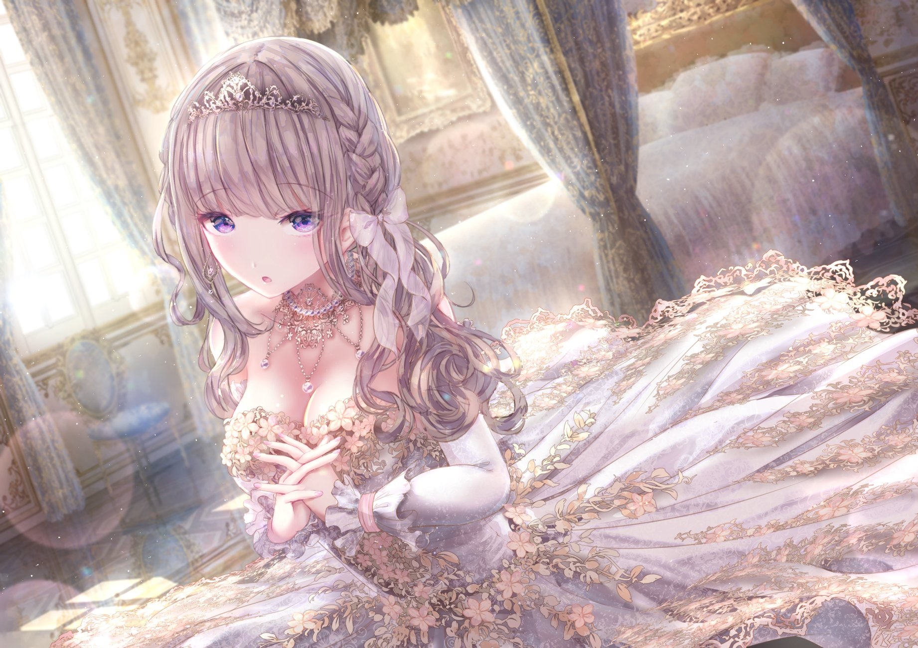 Anime girl in a white dress with a tiara HD Wallpaper