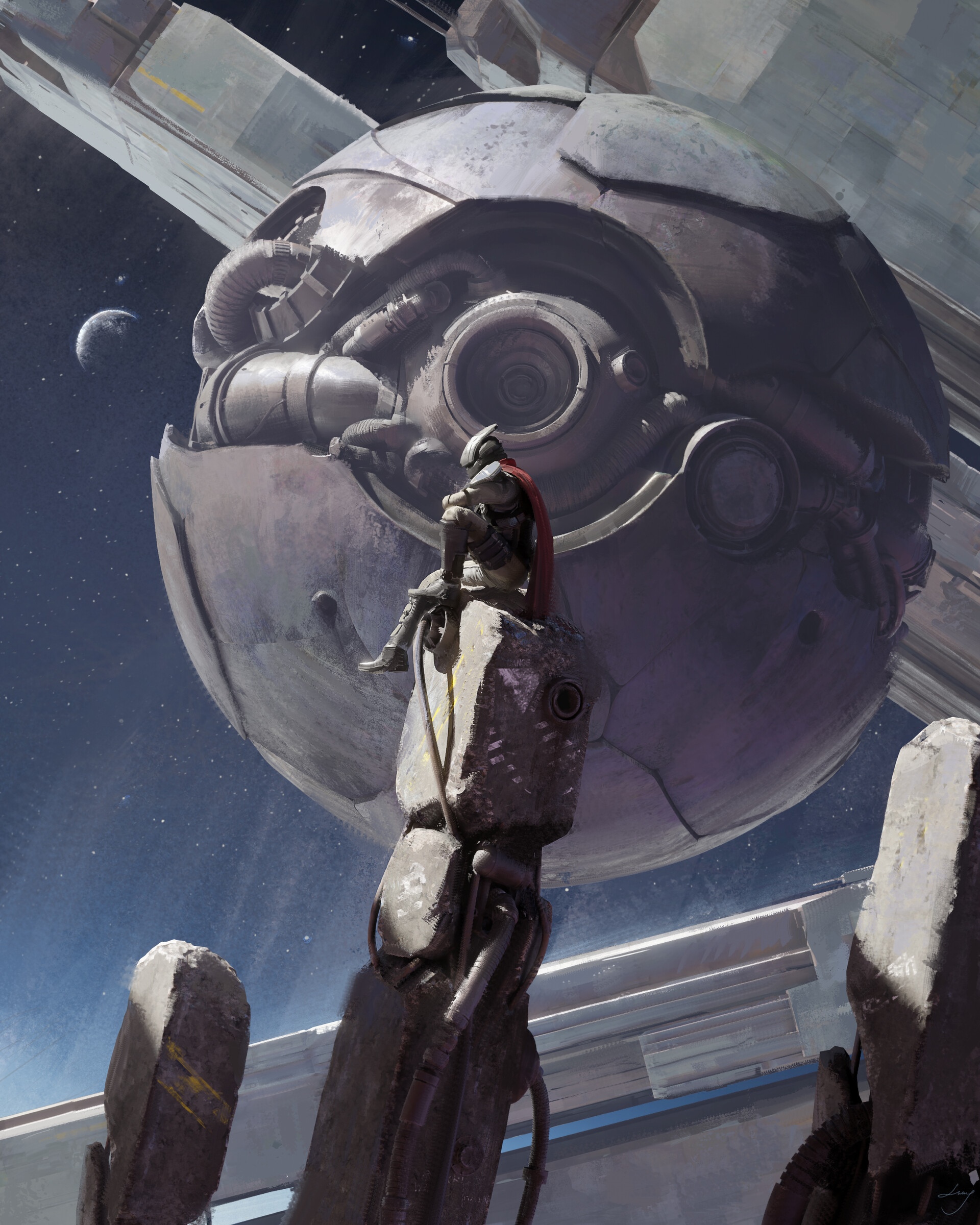 A lone figure sits on a robotic arm overlooking a large spherical structure HD Phone Wallpaper