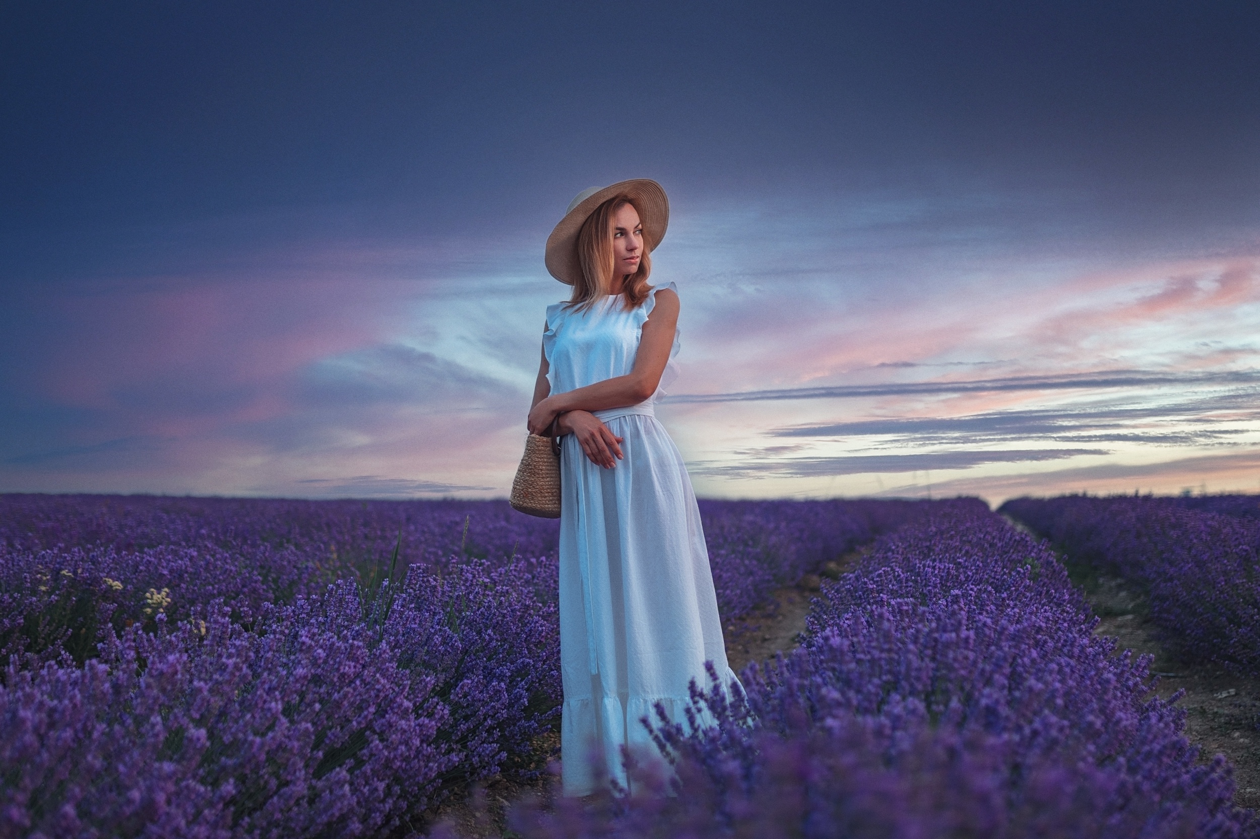 Woman in Blue Dress Among Lavender Fields HD Wallpaper