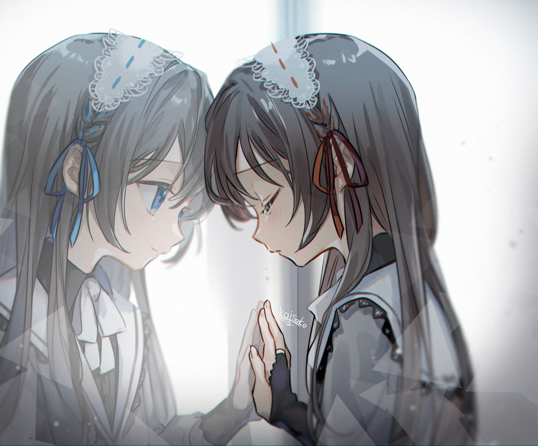 Two anime girls touching hands in front of a mirror HD Wallpaper
