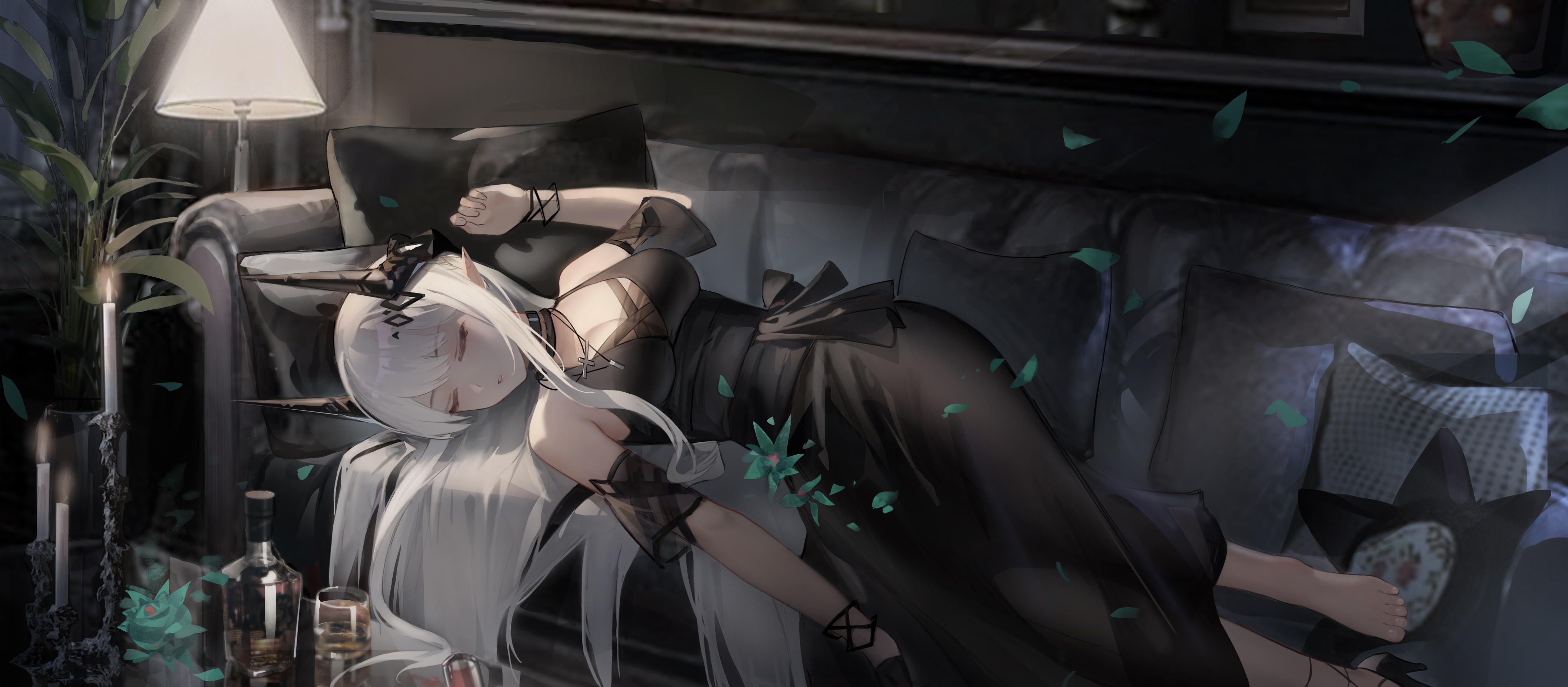 Mudrock sleeping on a couch in a black dress HD Wallpaper