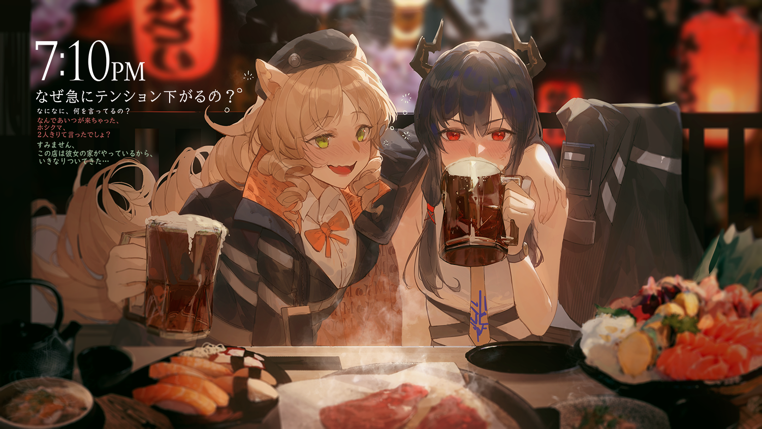 Arknights characters drinking beer and eating food HD Wallpaper