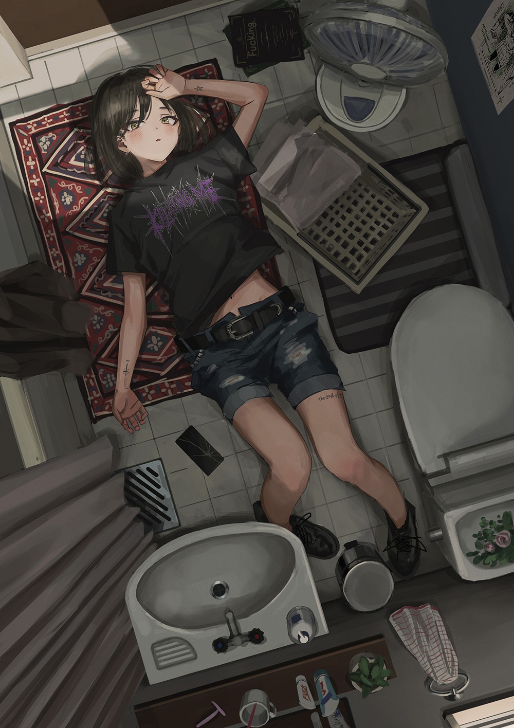NadeGata girl lying on the floor in a bathroom HD Phone Wallpaper