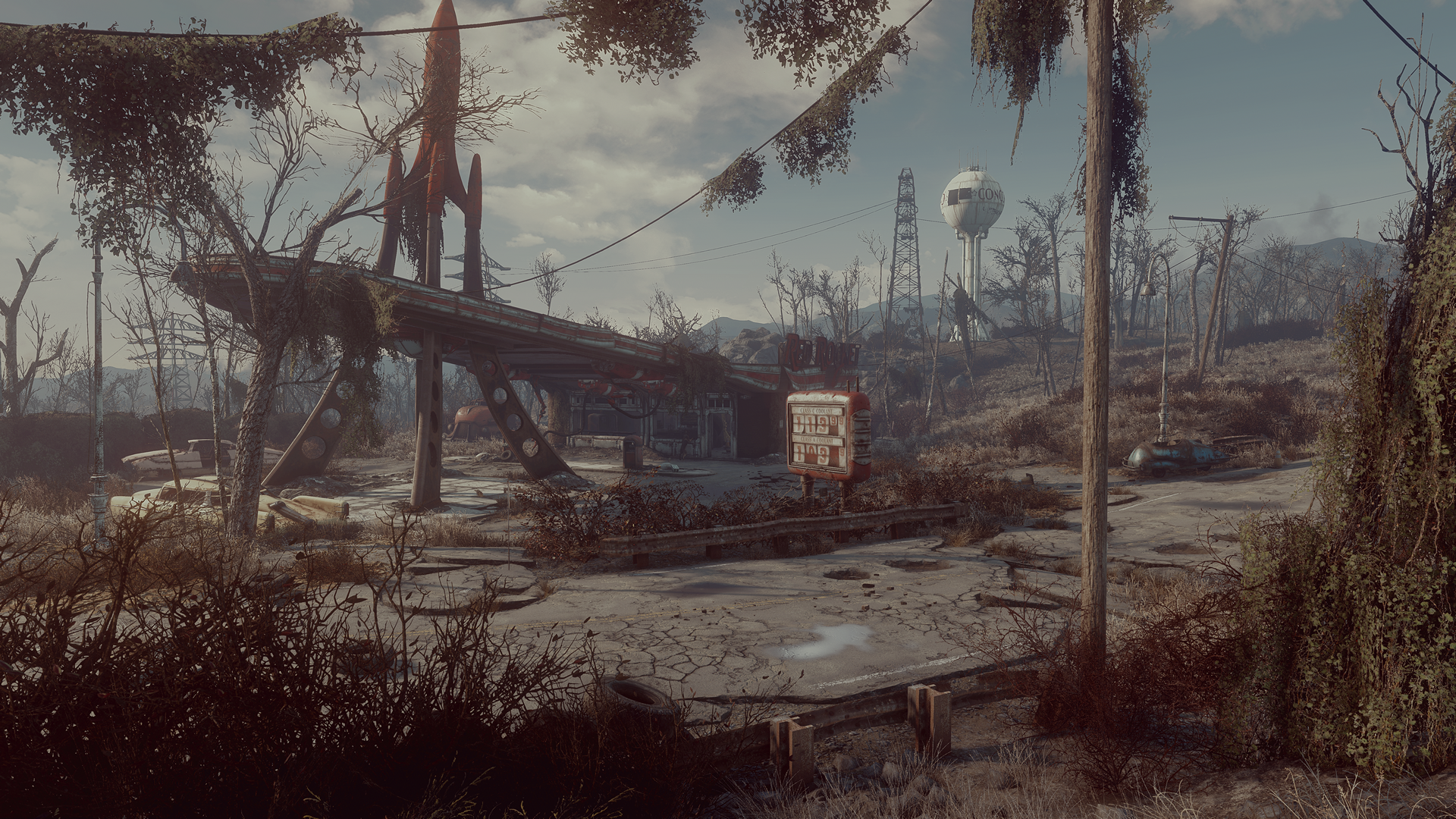 Fallout 4: Post-apocalyptic gas station with rocket. HD Wallpaper