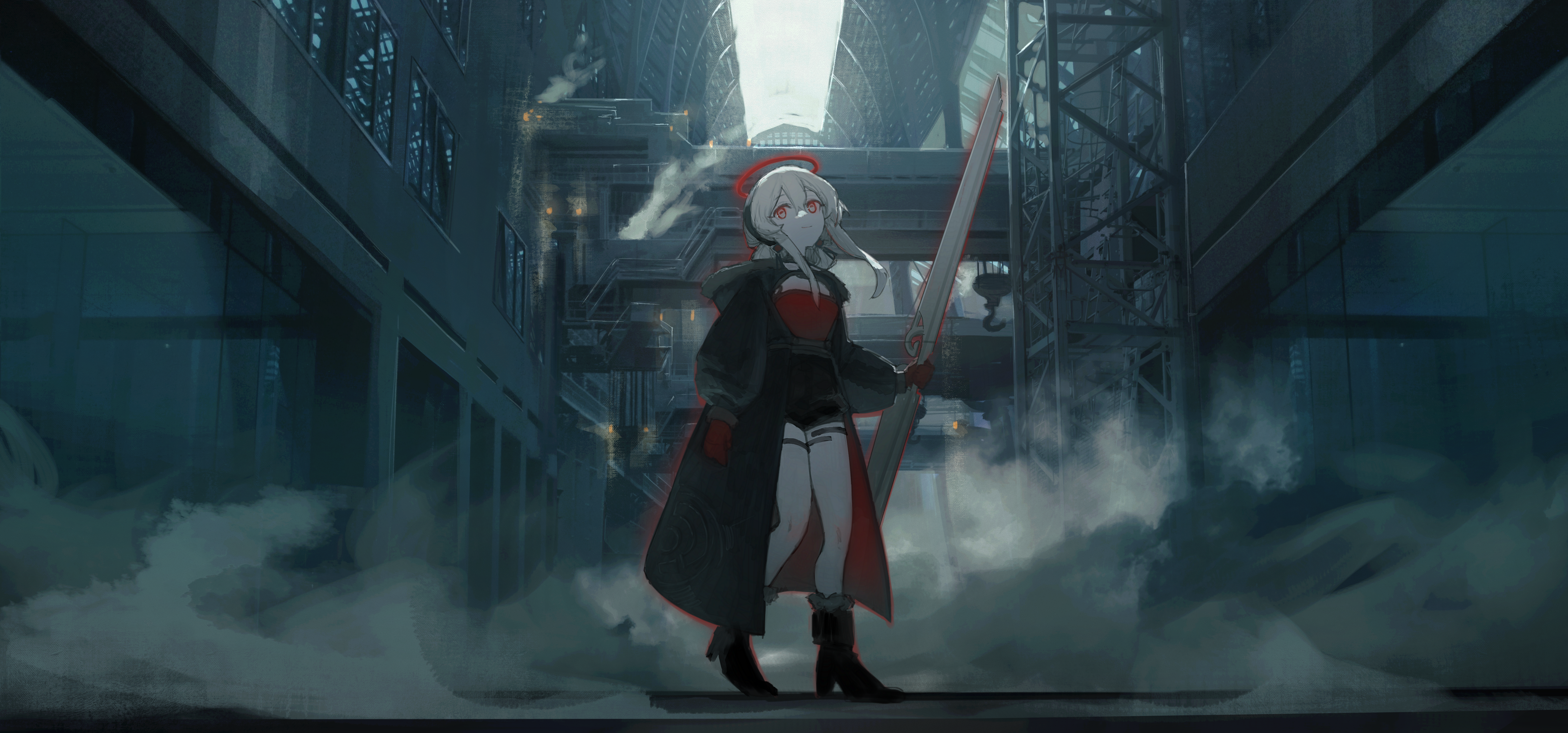 Girl with white hair and sword in industrial setting HD Wallpaper