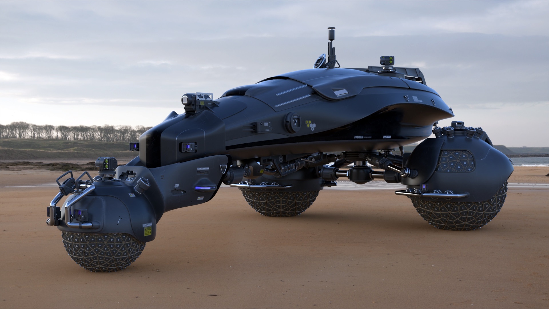 Futuristic science fiction vehicle on a beach HD Wallpaper