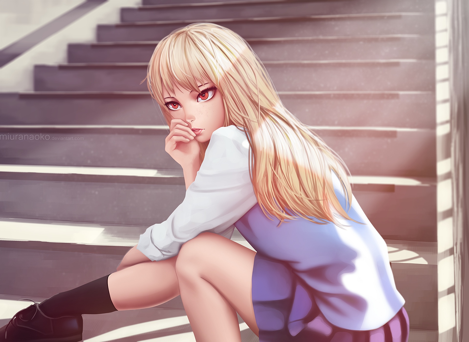 Shiina Mashiro from Sakurasou no Pet na Kanojo sitting on stairs HD Wallpaper