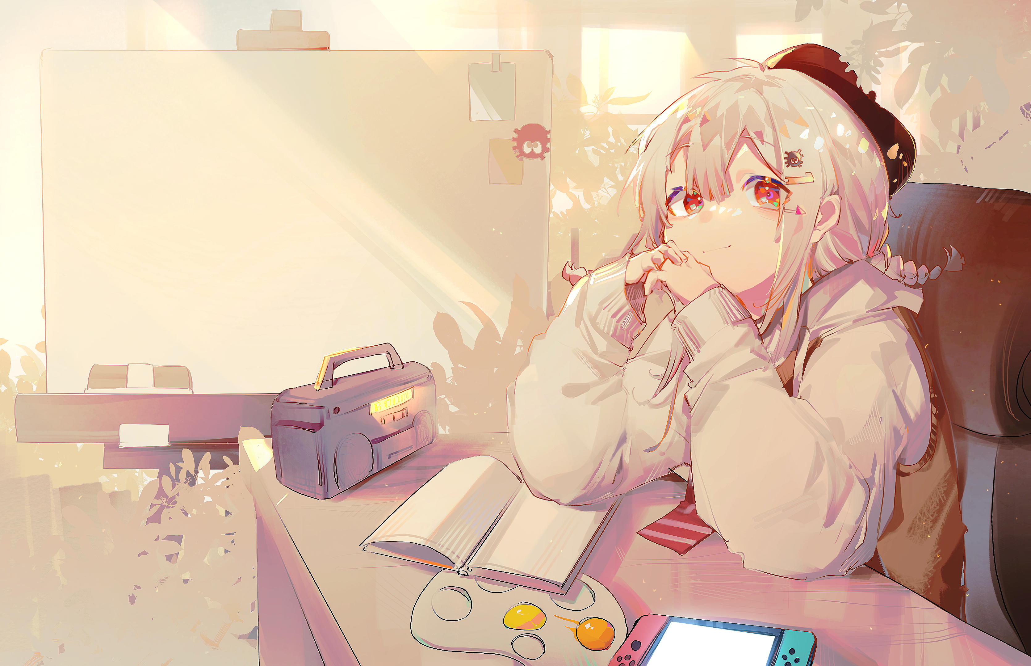 Girl with red eyes and hat at a desk with Nintendo Switch HD Wallpaper