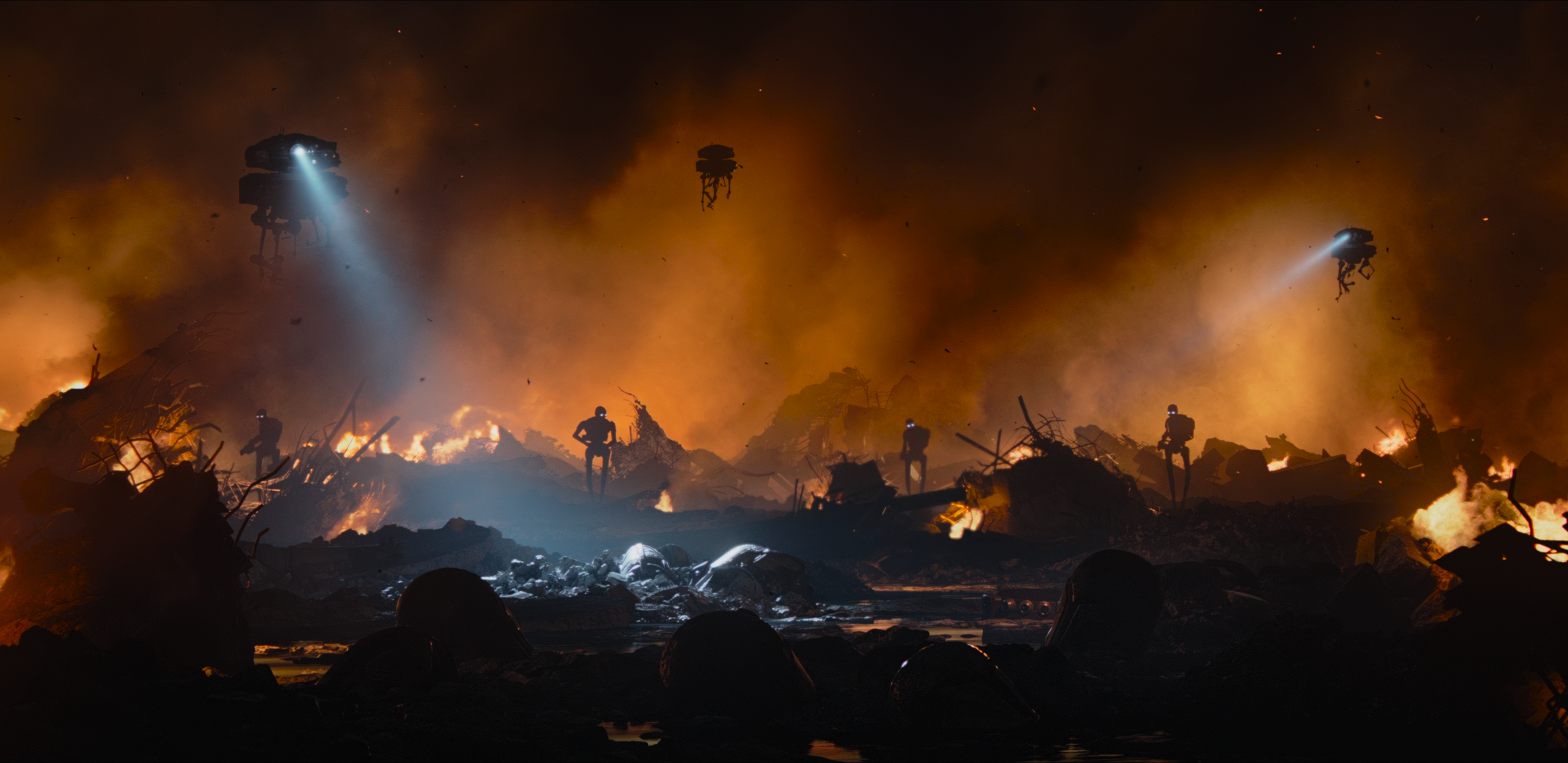 Star Wars Probe Droids in a Burning Landscape HD Wallpaper