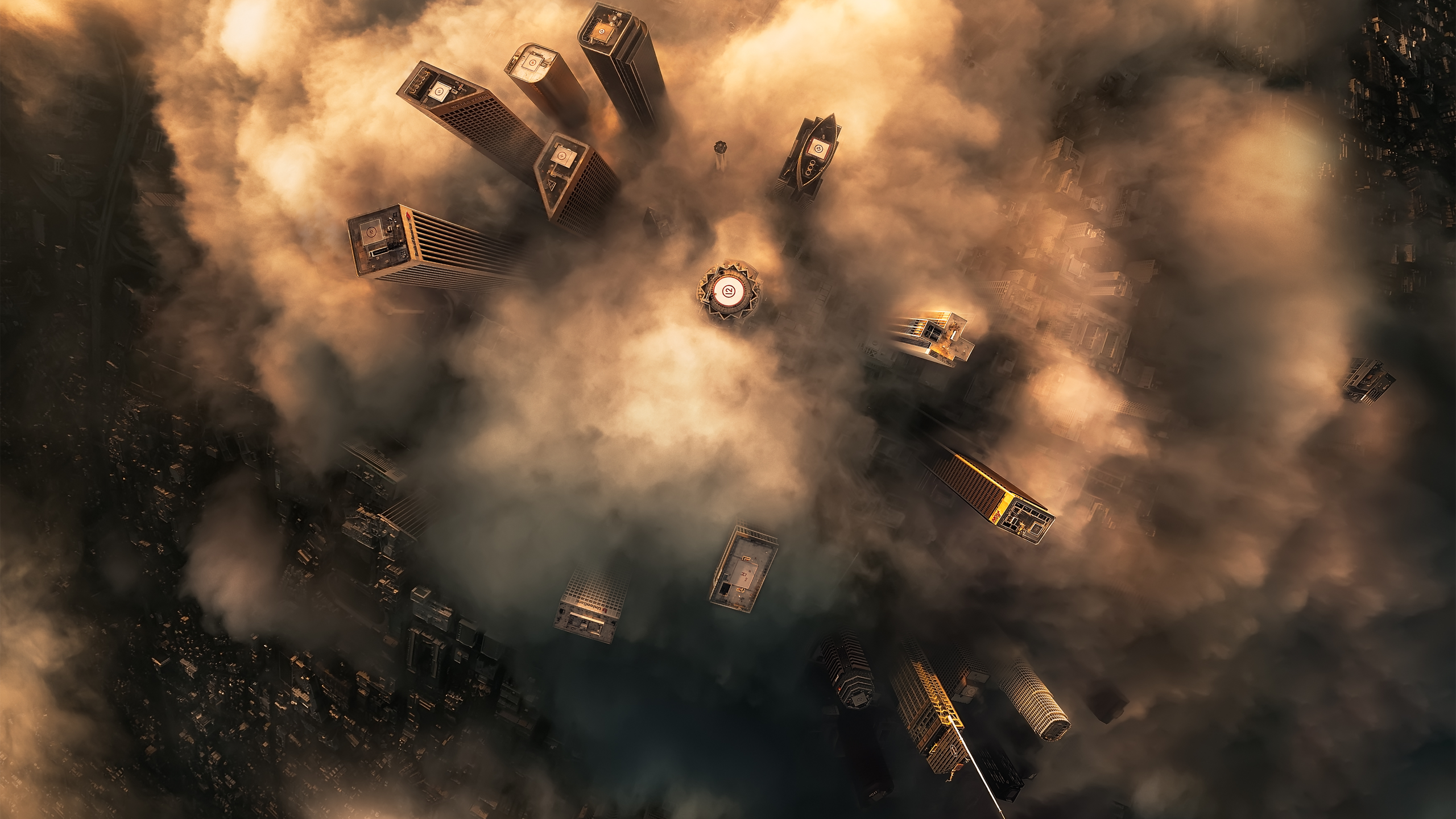 Aerial view of skyscrapers in Los Angeles through mist HD Wallpaper