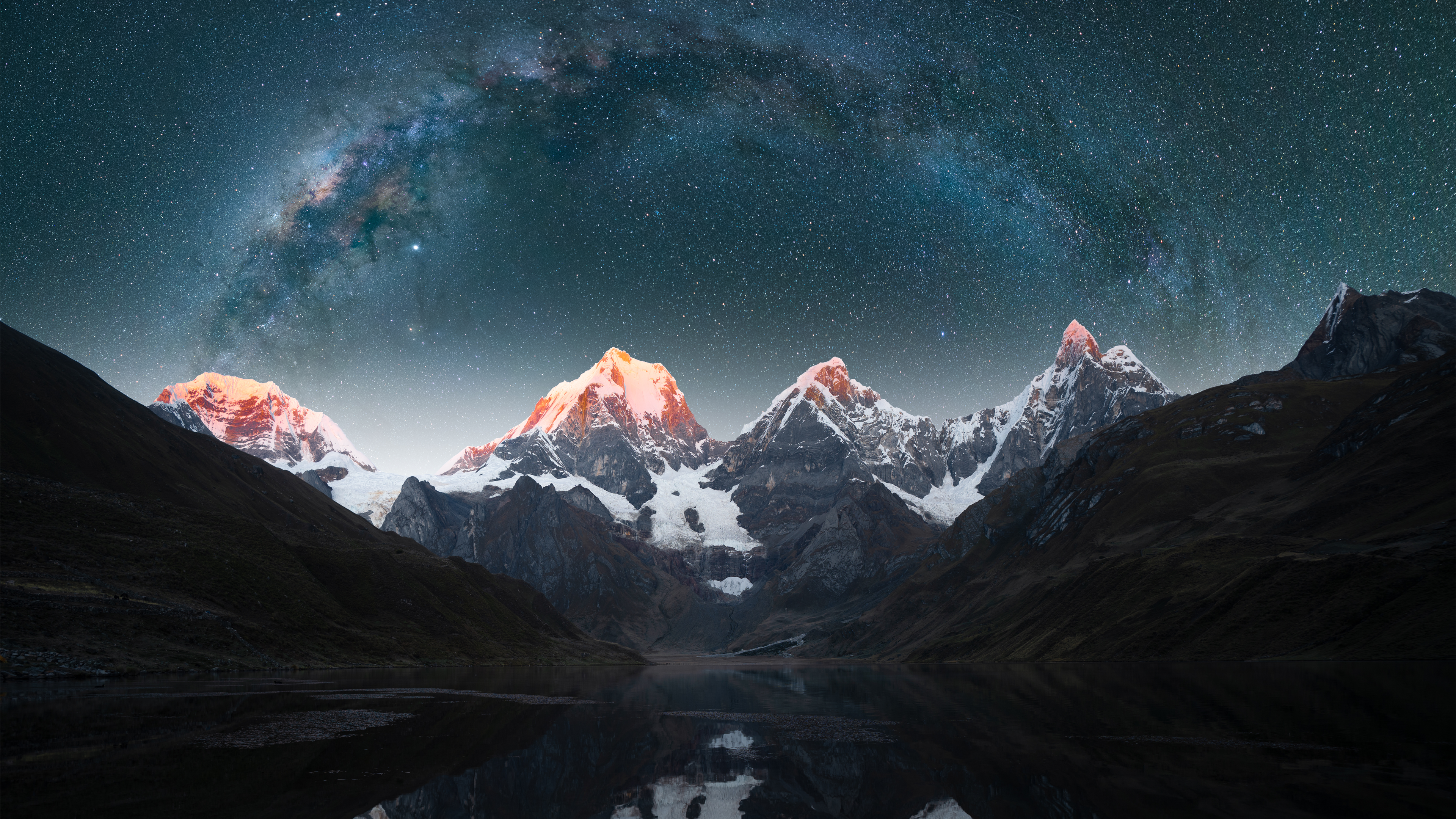 4K Milky Way over snow-capped mountains at night HD Wallpaper