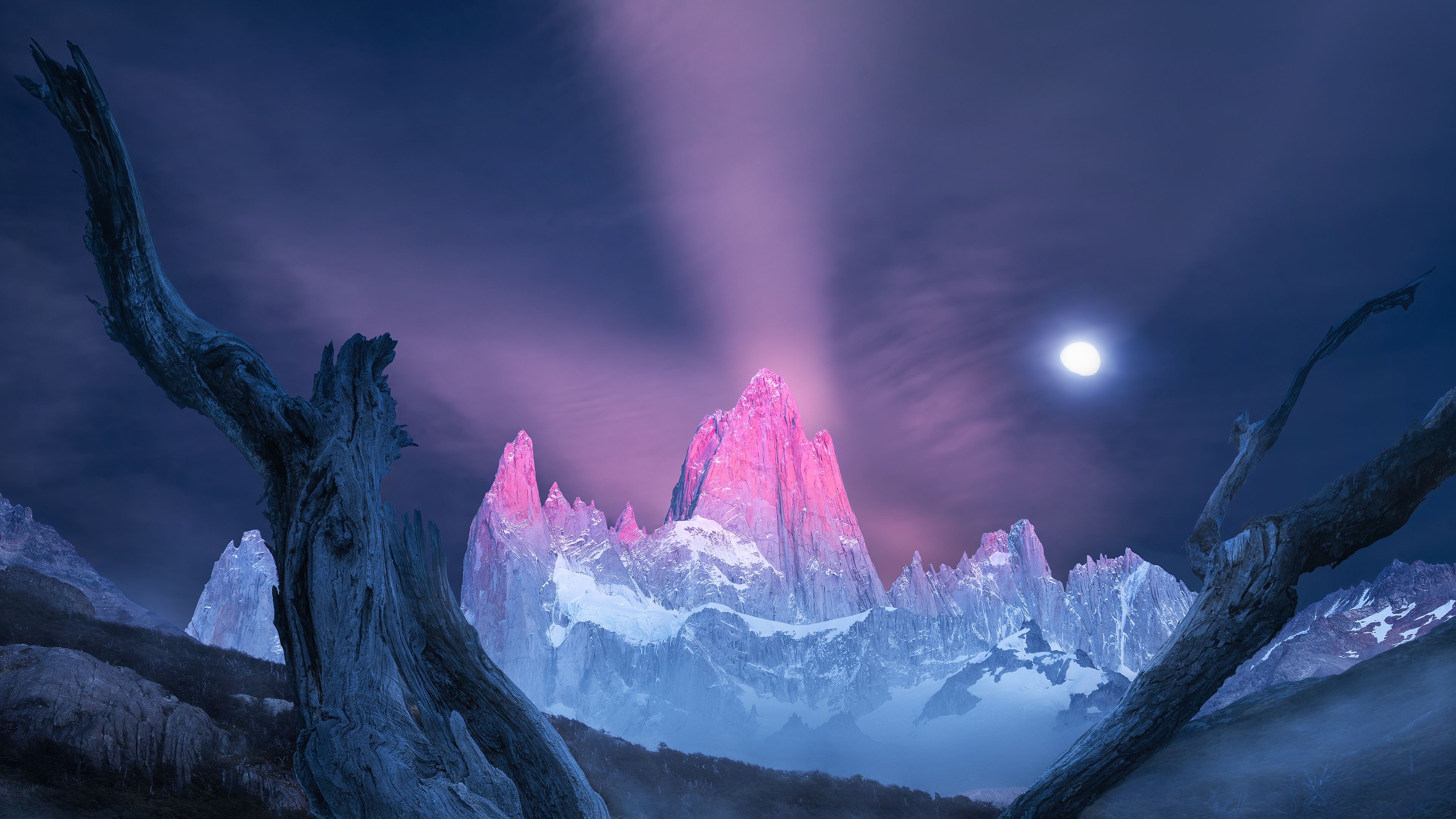 4K Patagonia Mountains at Night with Moon HD Wallpaper