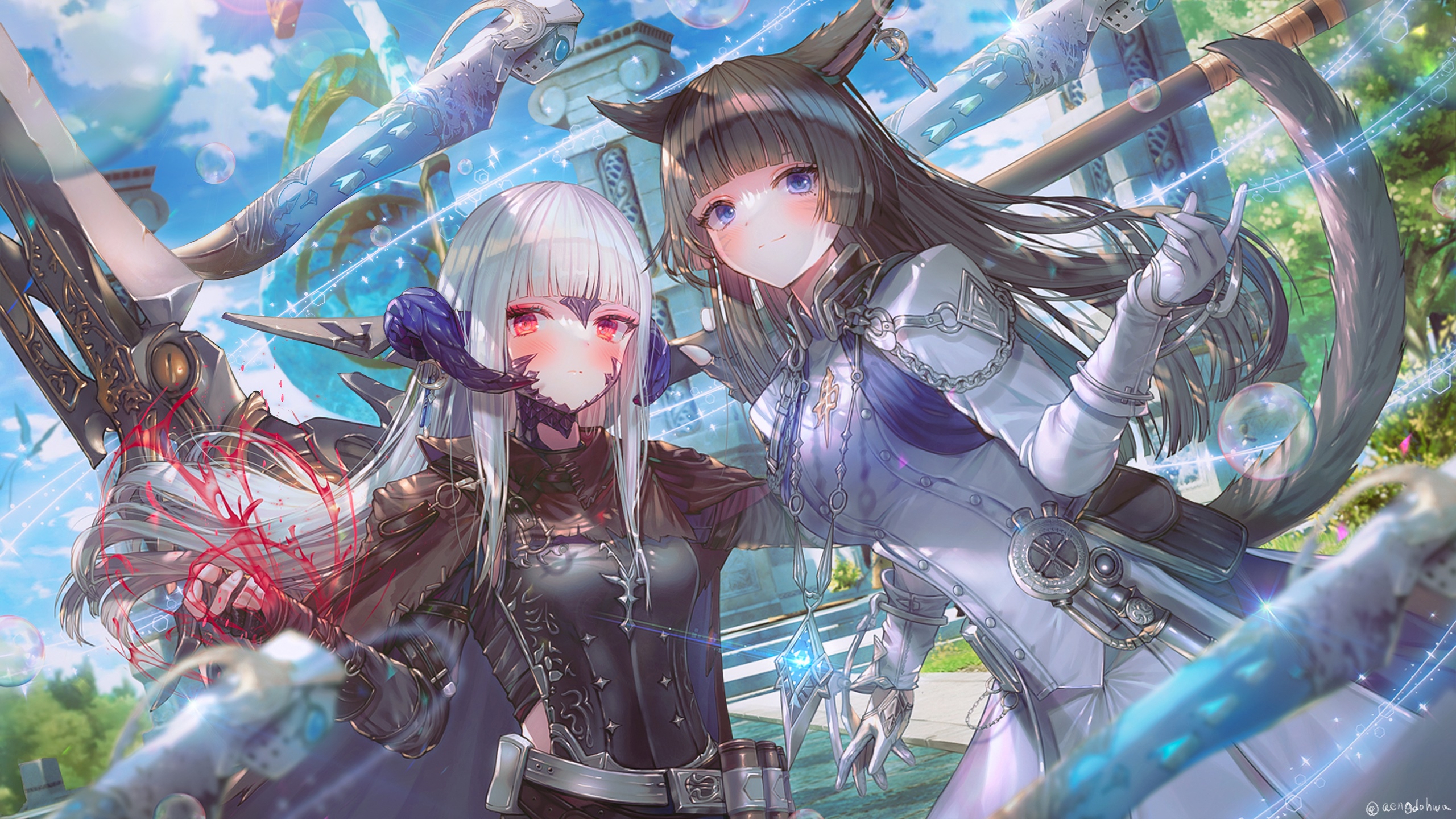 Final Fantasy Au Ra and Miqo'te characters with weapons HD Wallpaper