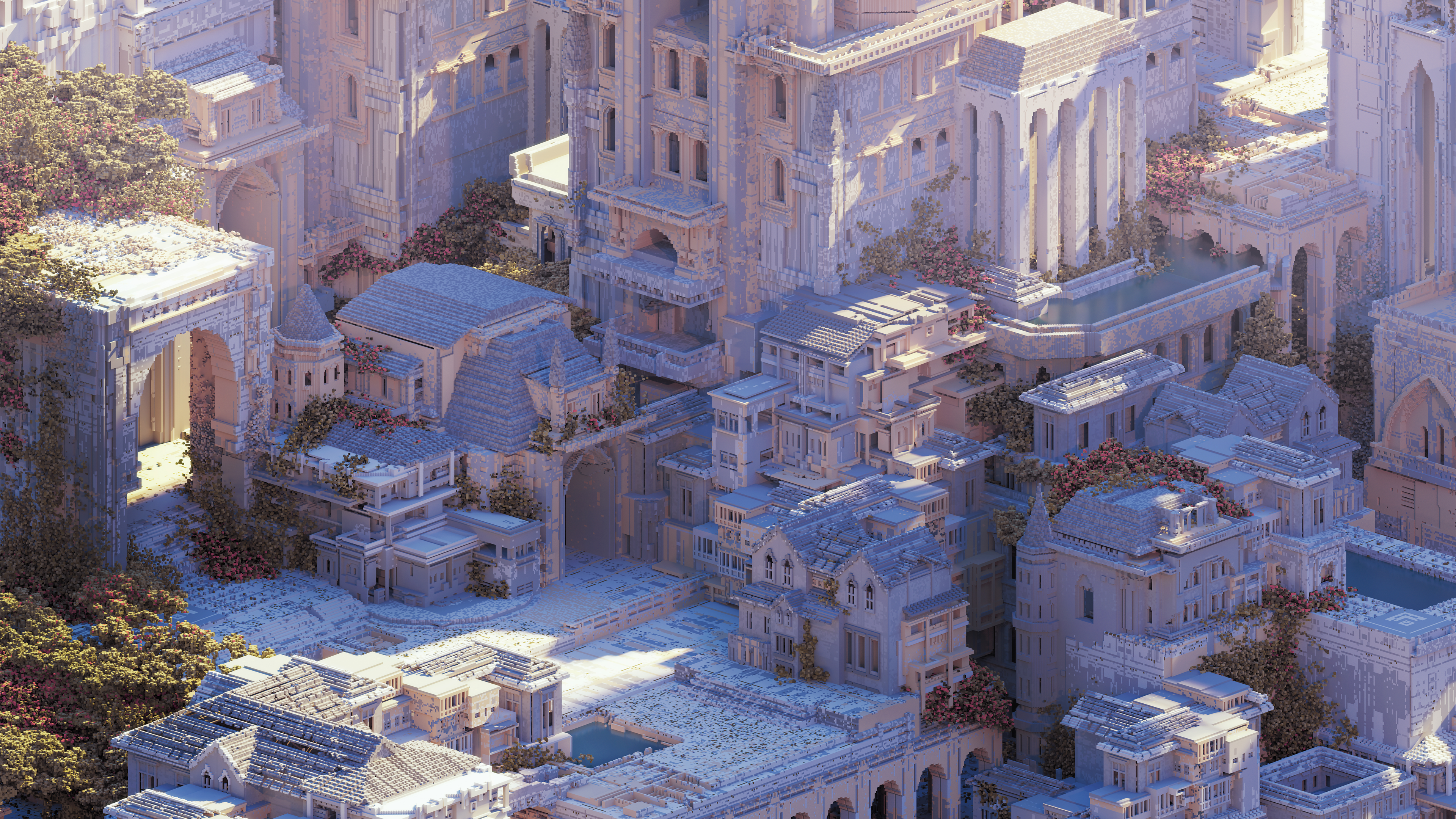 4K isometric voxel city architecture HD Wallpaper