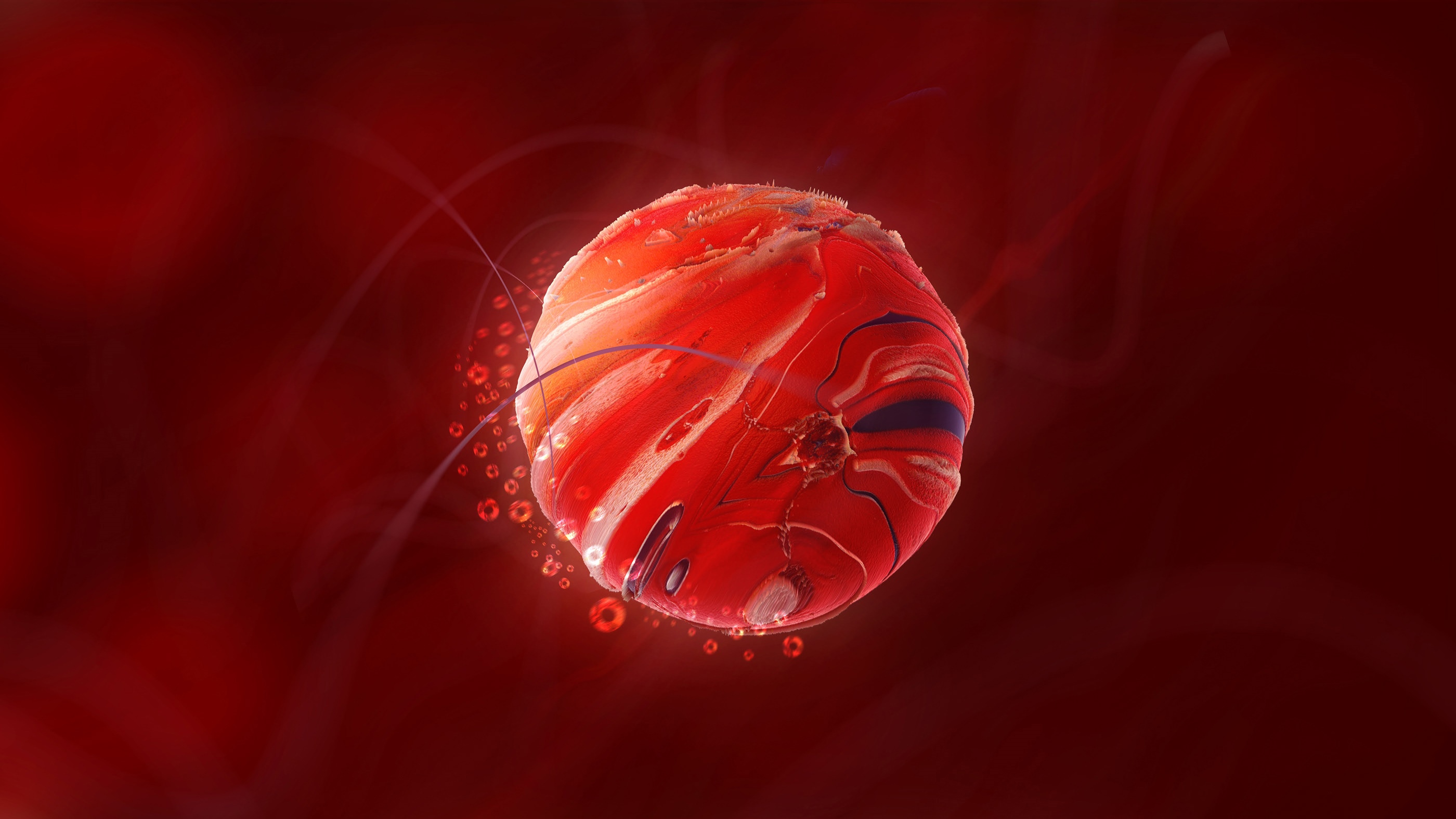 Abstract red planet with swirling lines and bubbles HD Wallpaper