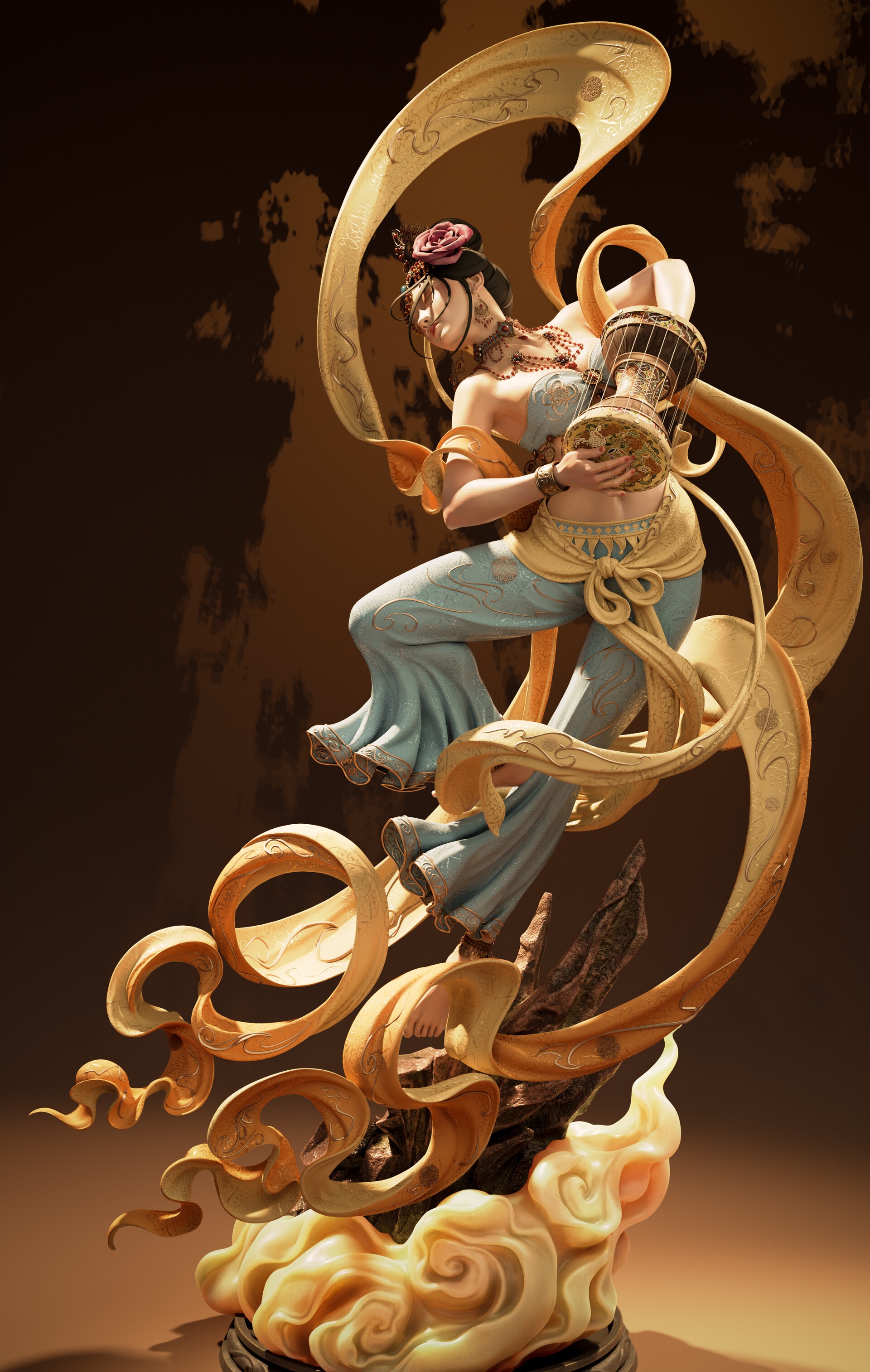 Fantasy girl playing a harp-like instrument HD Phone Wallpaper