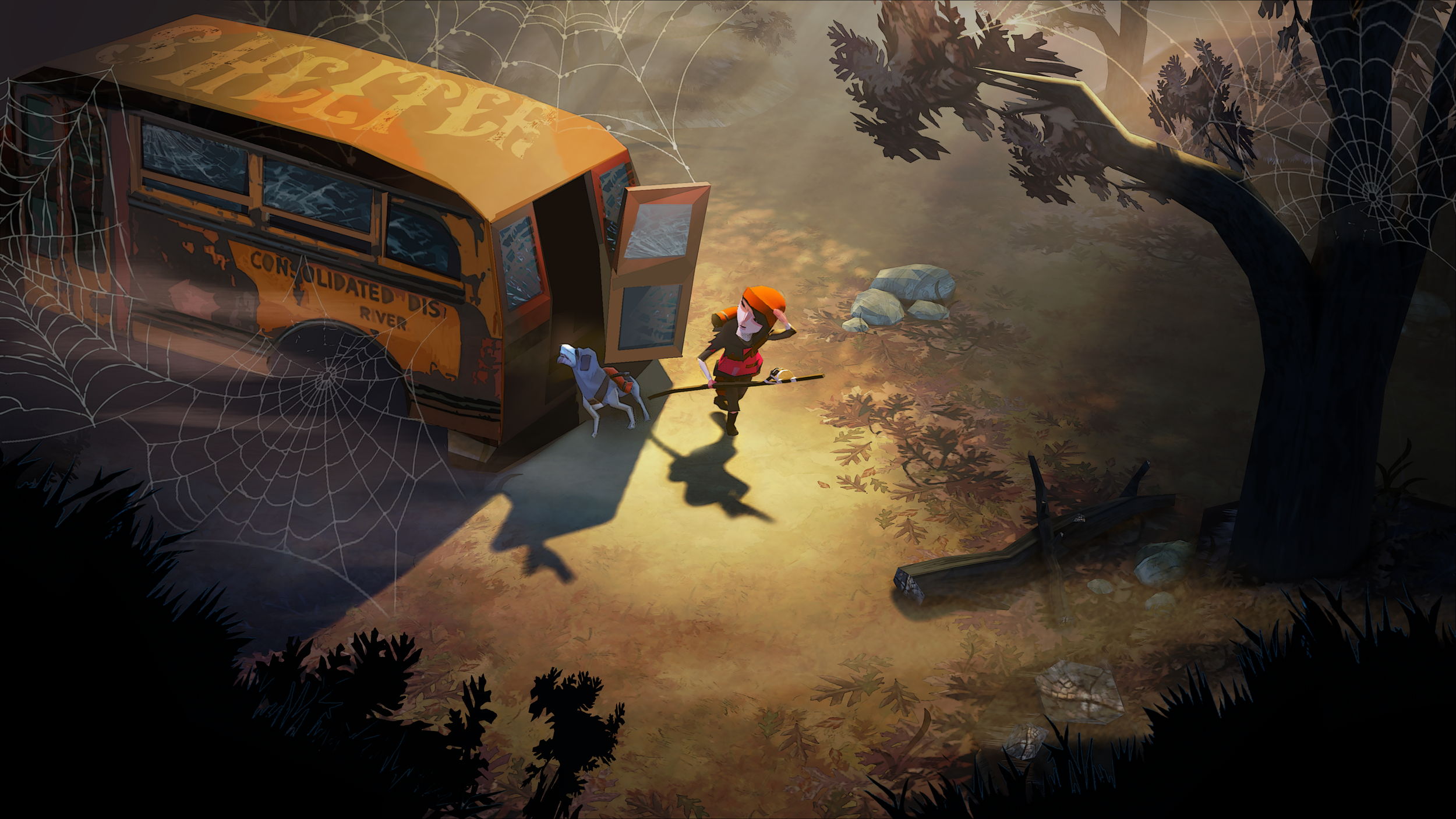 The Flame in the Flood: Girl and Dog by a Bus HD Wallpaper