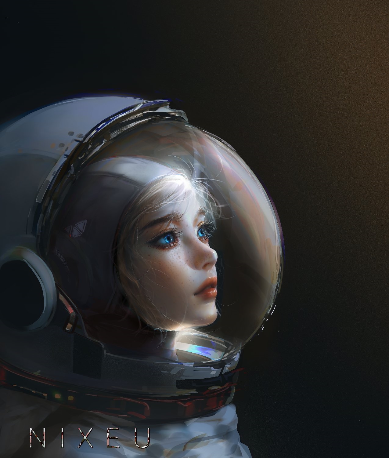 Astronaut girl with blonde hair and blue eyes in a spacesuit HD Phone Wallpaper