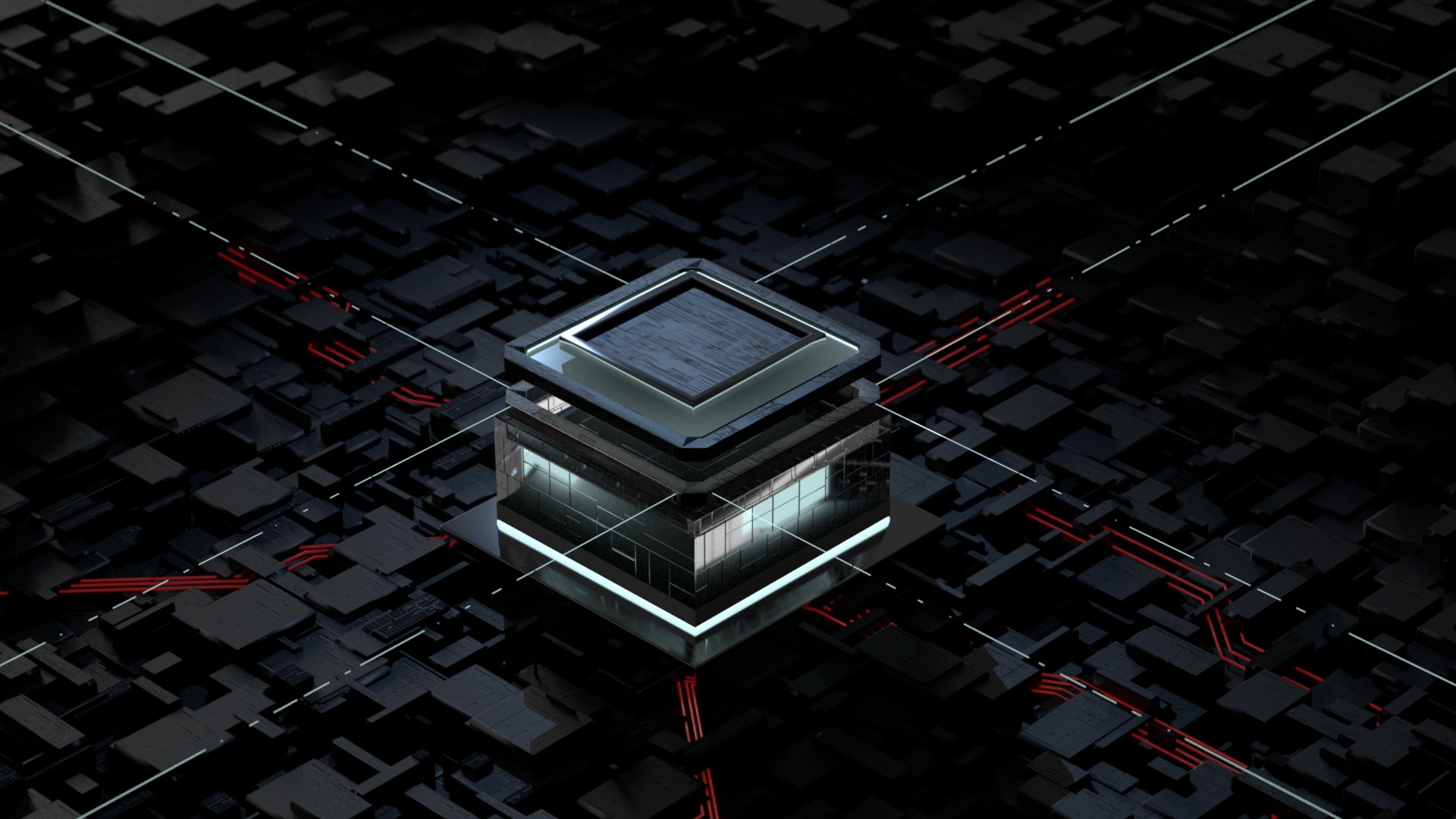 Abstract futuristic chip with glowing lights and circuits HD Wallpaper