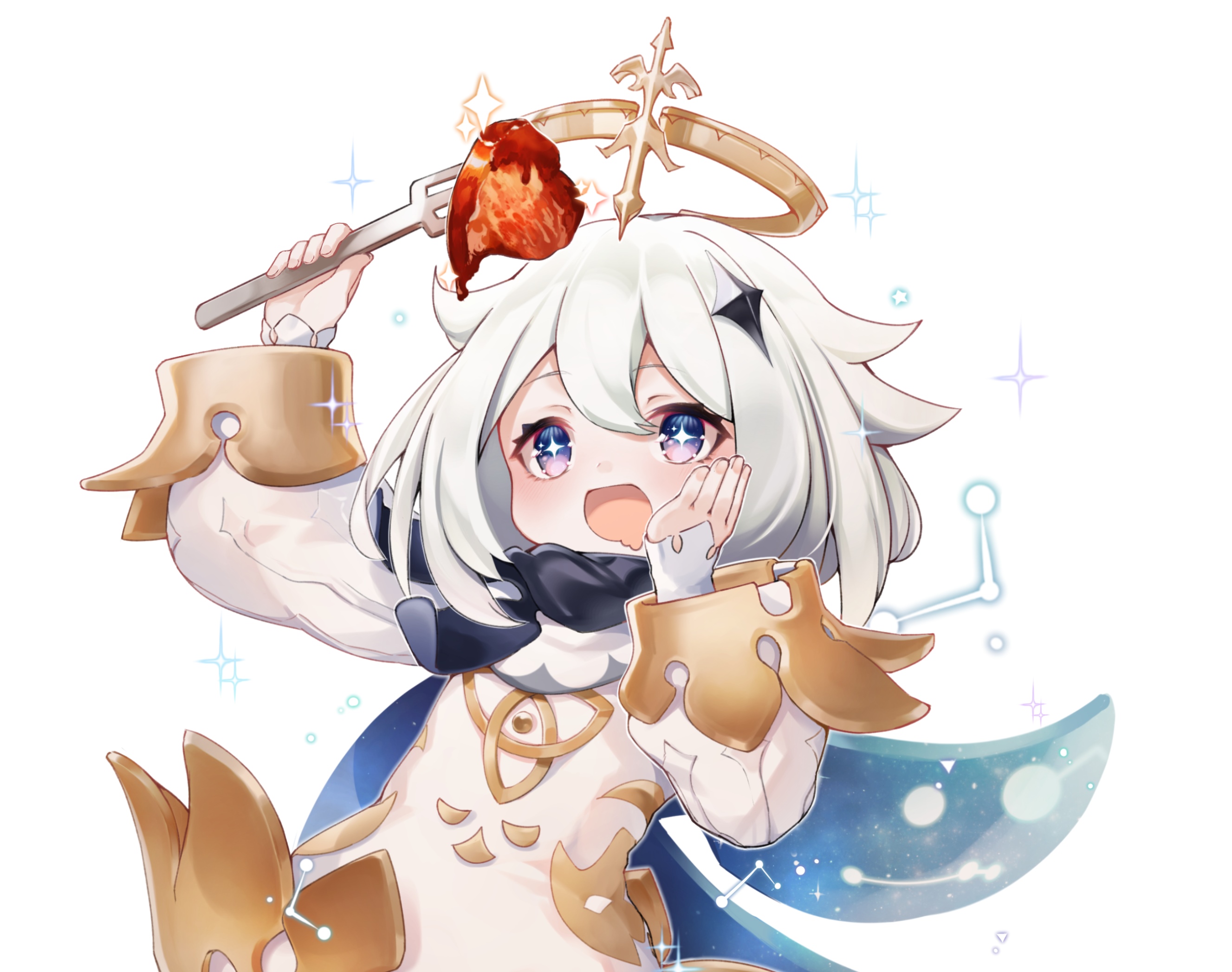 Paimon holding food on a fork from Genshin Impact HD Wallpaper