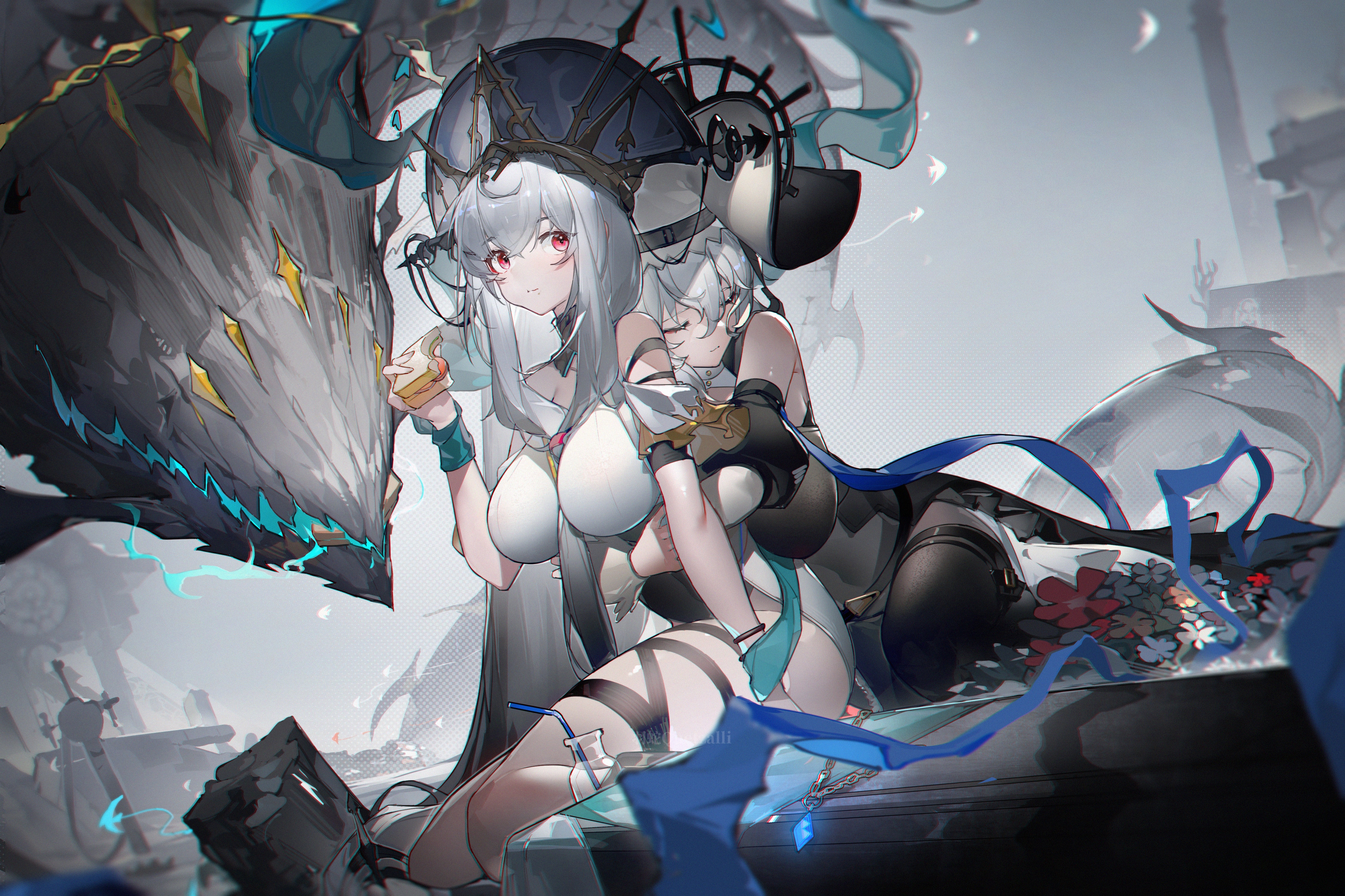 4K anime girls eating sandwiches with a dragon HD Wallpaper