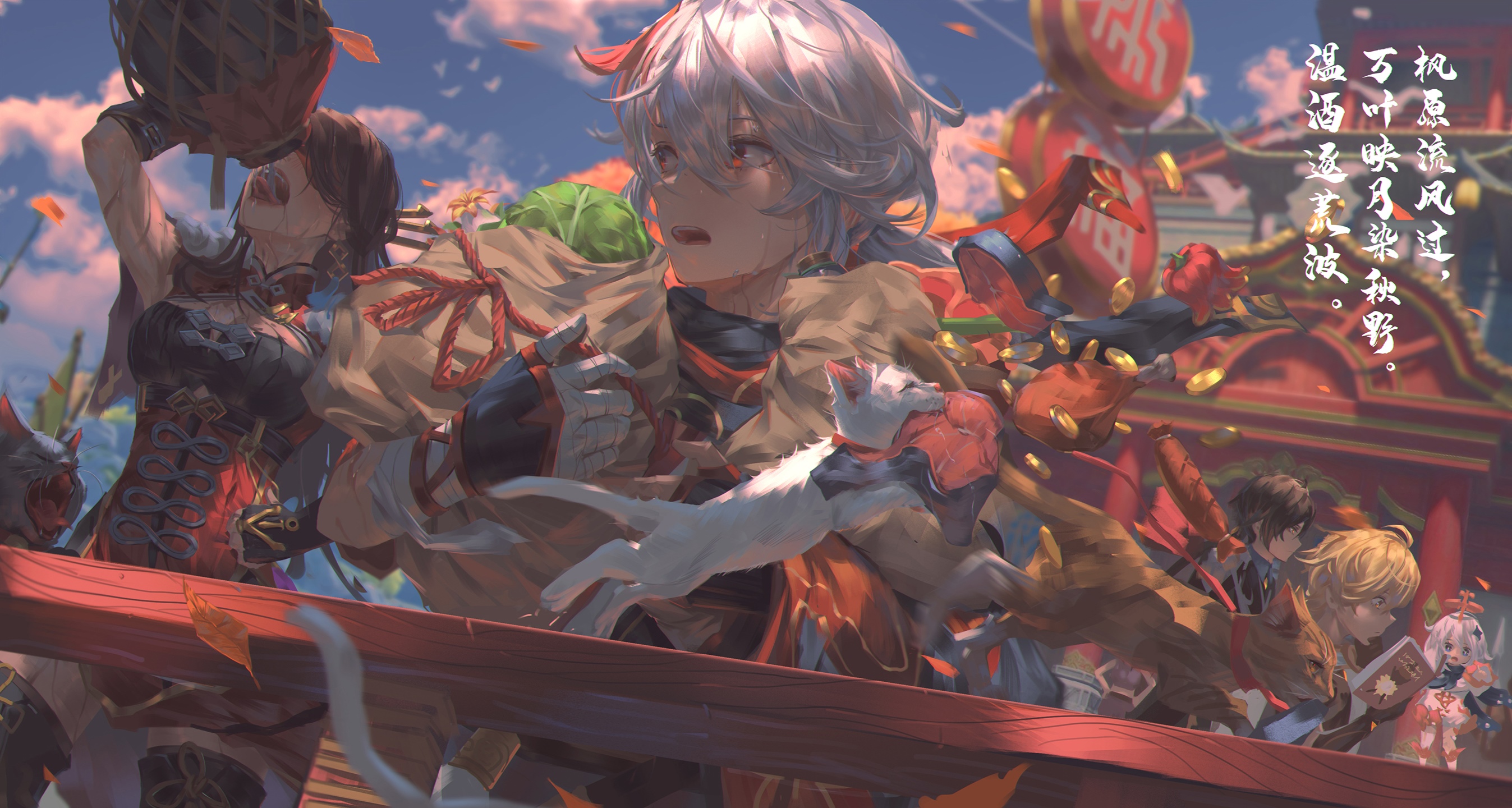 Genshin Impact characters in a festival setting HD Wallpaper