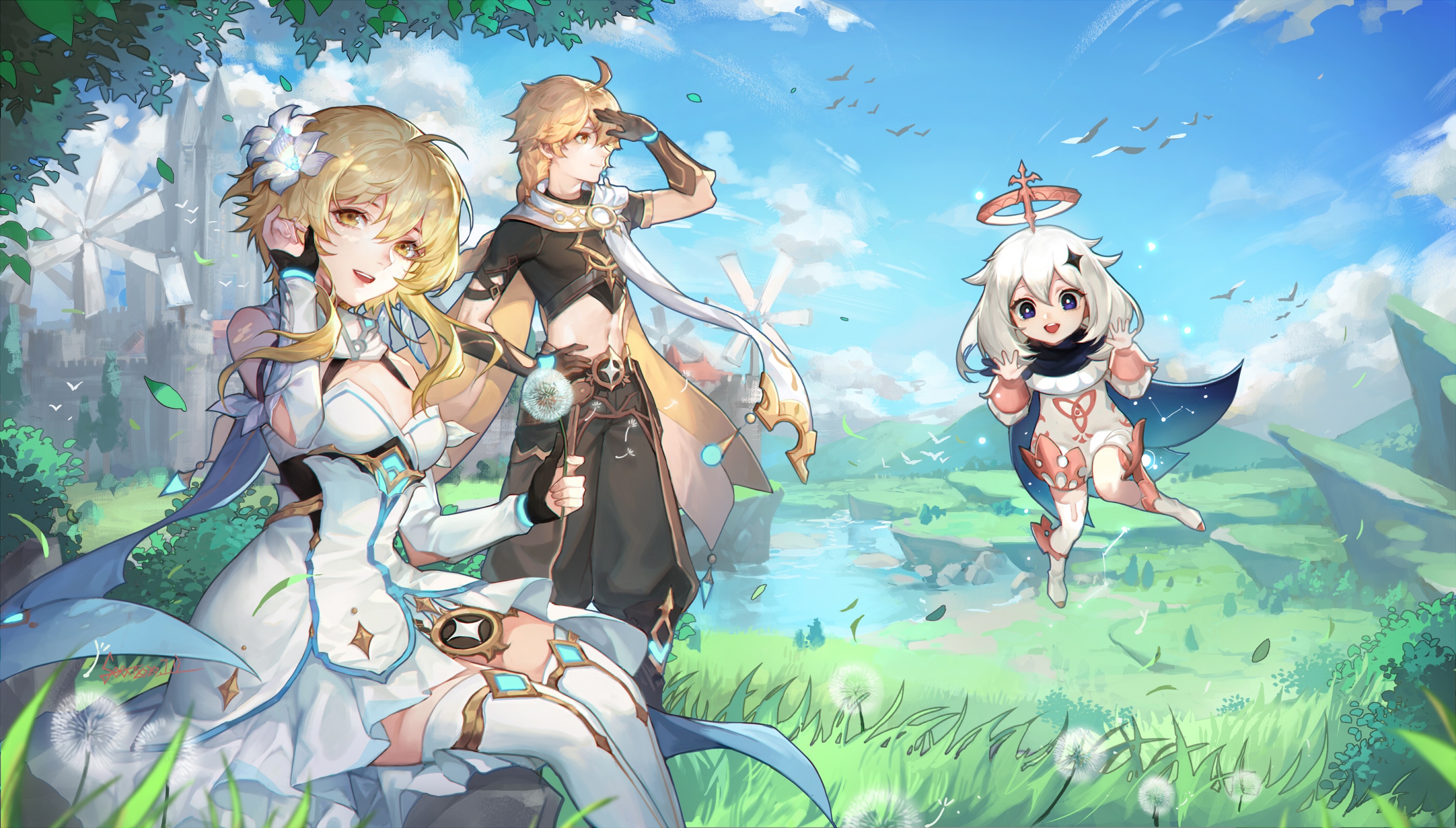 Lumine, Aether, and Paimon in Genshin Impact HD Wallpaper