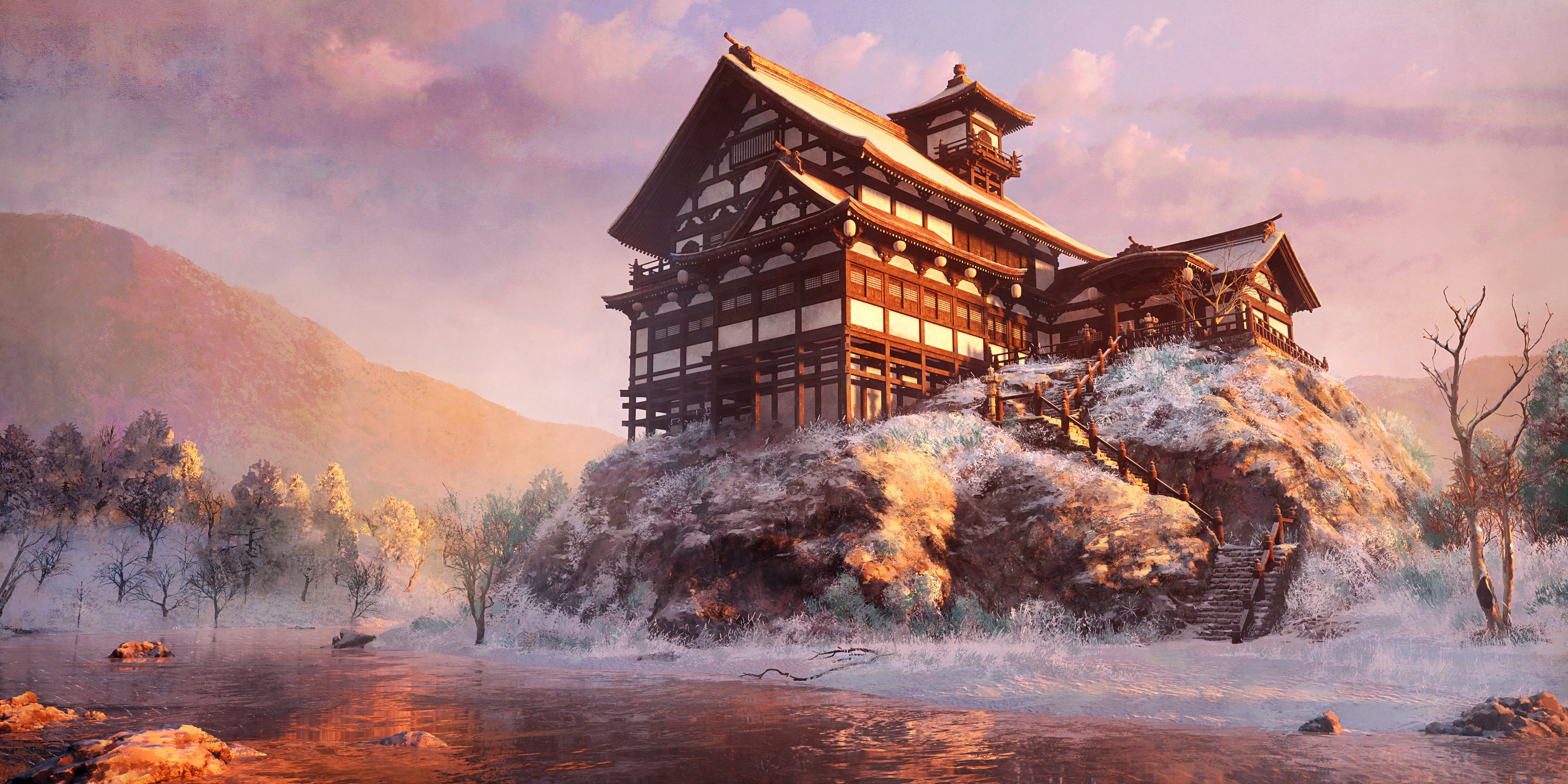 4K Digital Painting of a Japanese Santuario at Sunset HD Wallpaper