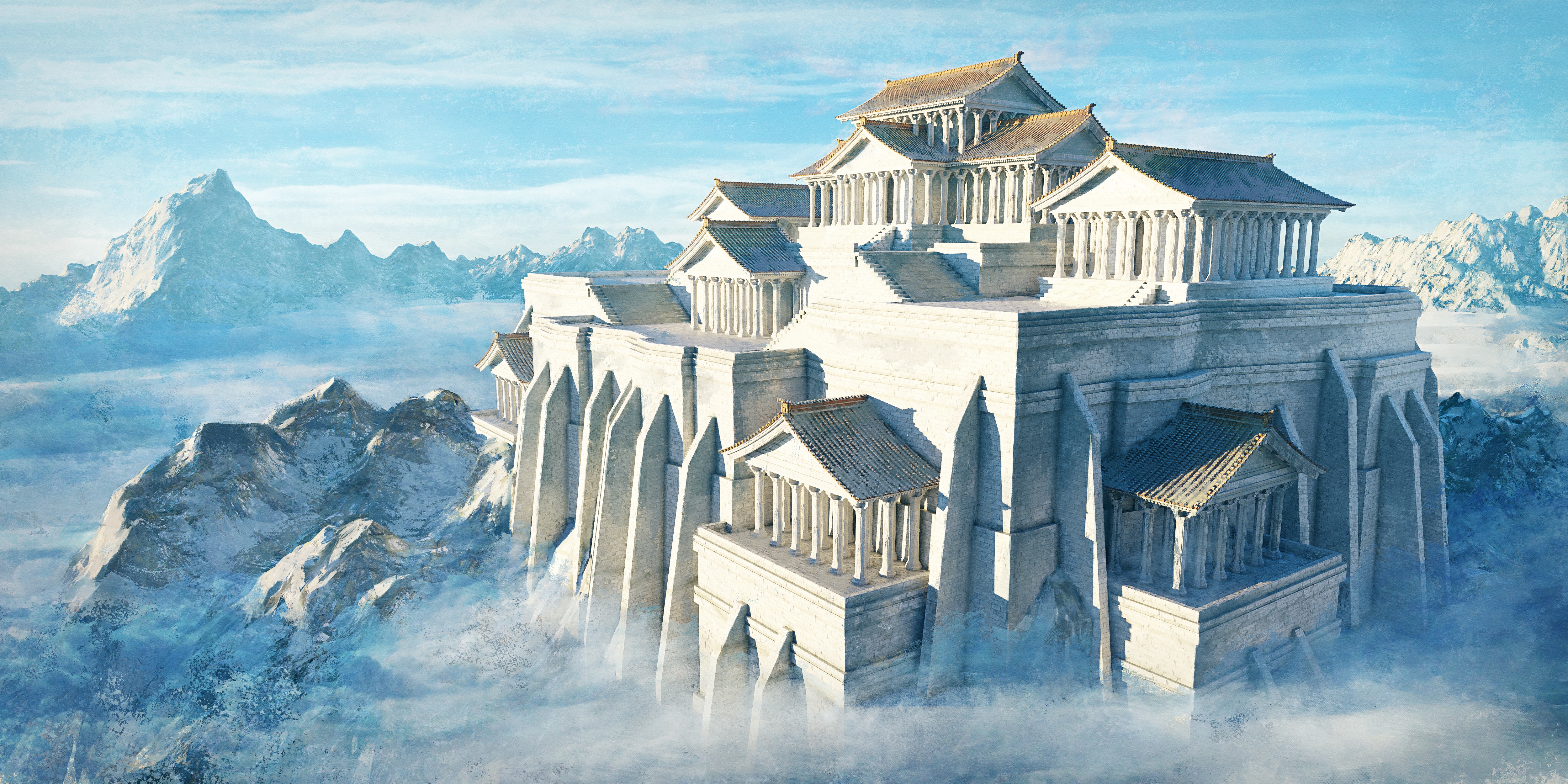 4K Digital Painting of a White Temple on Snowy Mountains HD Wallpaper