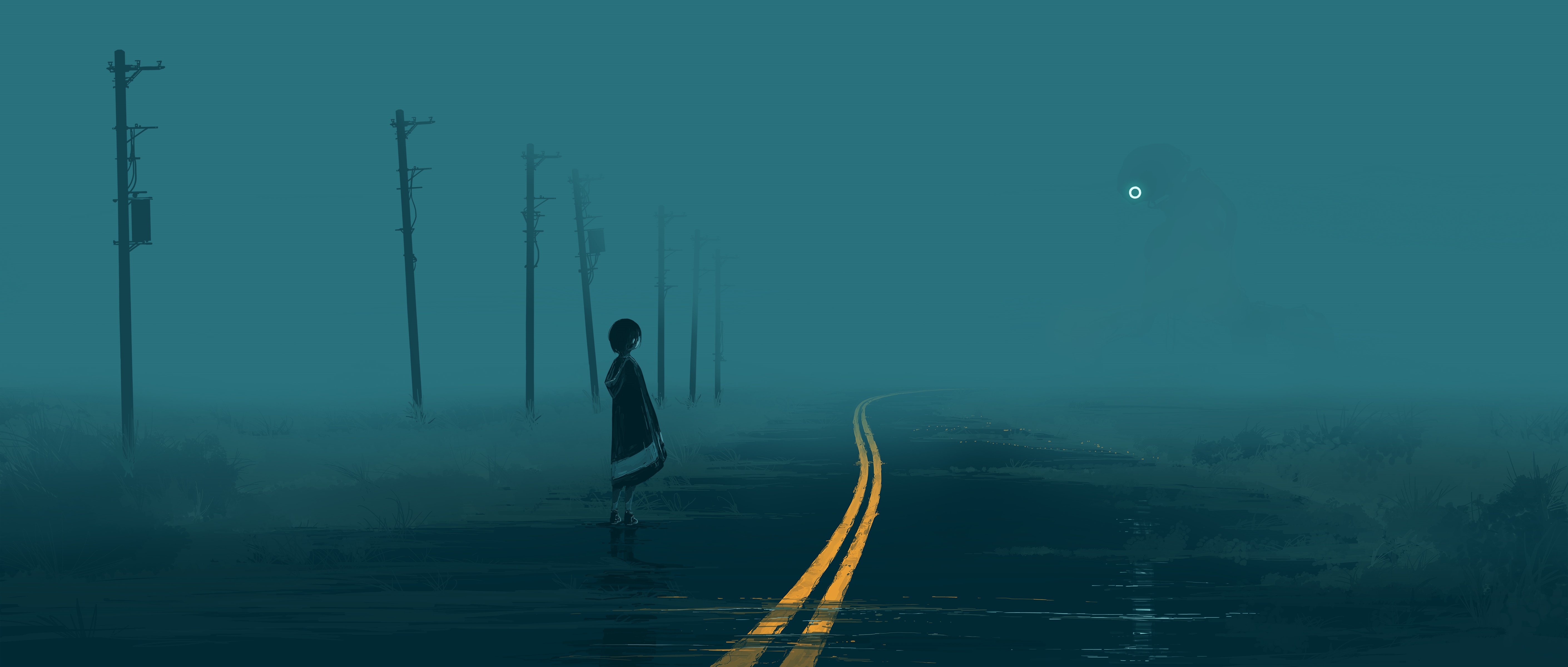 4K digital painting of a robot on a road HD Wallpaper