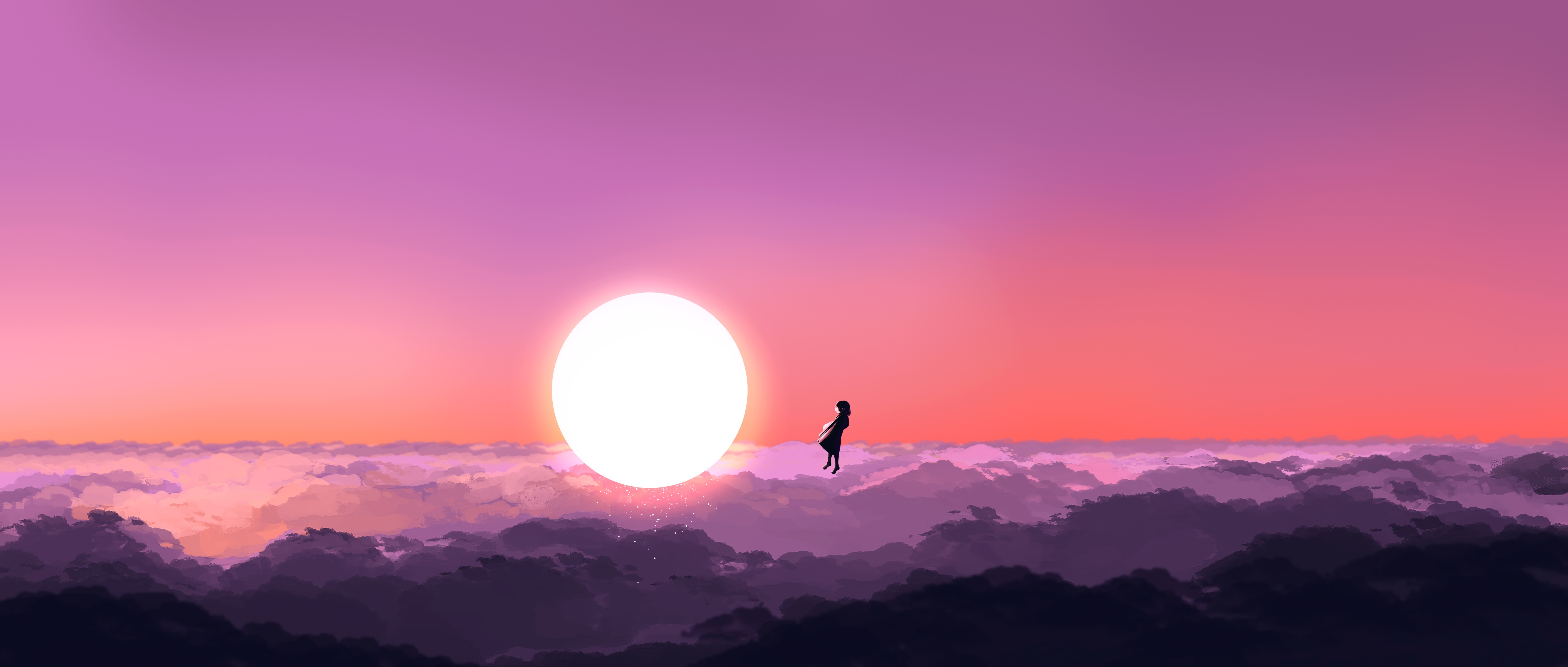 4K digital painting of a girl floating above clouds at sunset HD Wallpaper