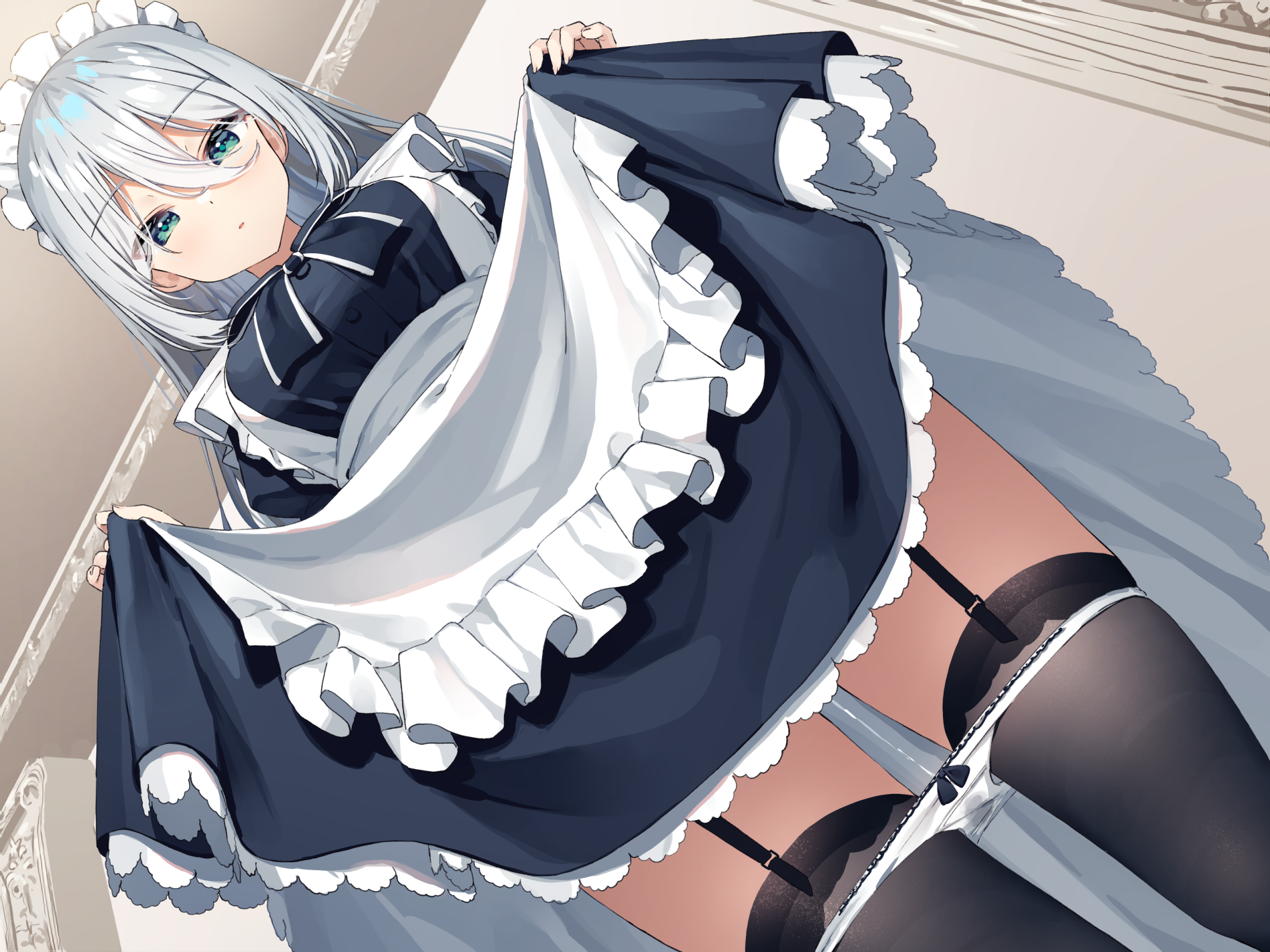 Maid lifting her skirt, showing stockings and panties HD Wallpaper