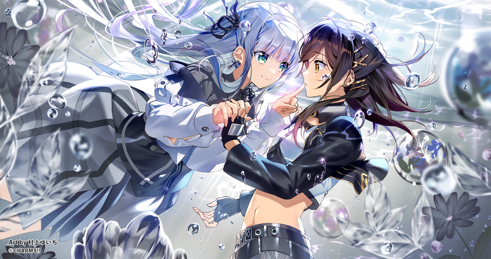Two anime girls with blue and brown hair in a watery environment HD Wallpaper