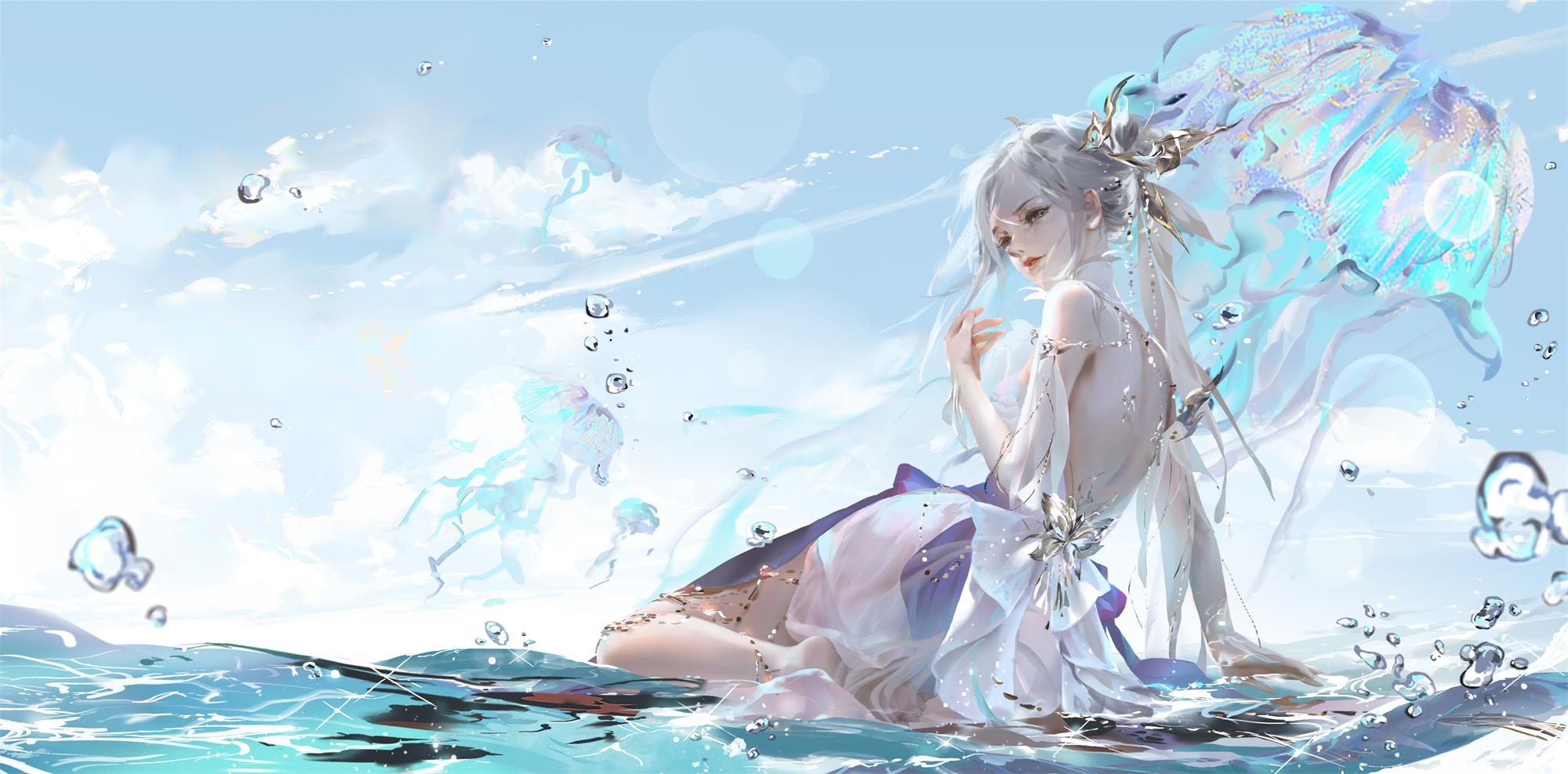 Artwork of a woman with white hair and jellyfish HD Wallpaper