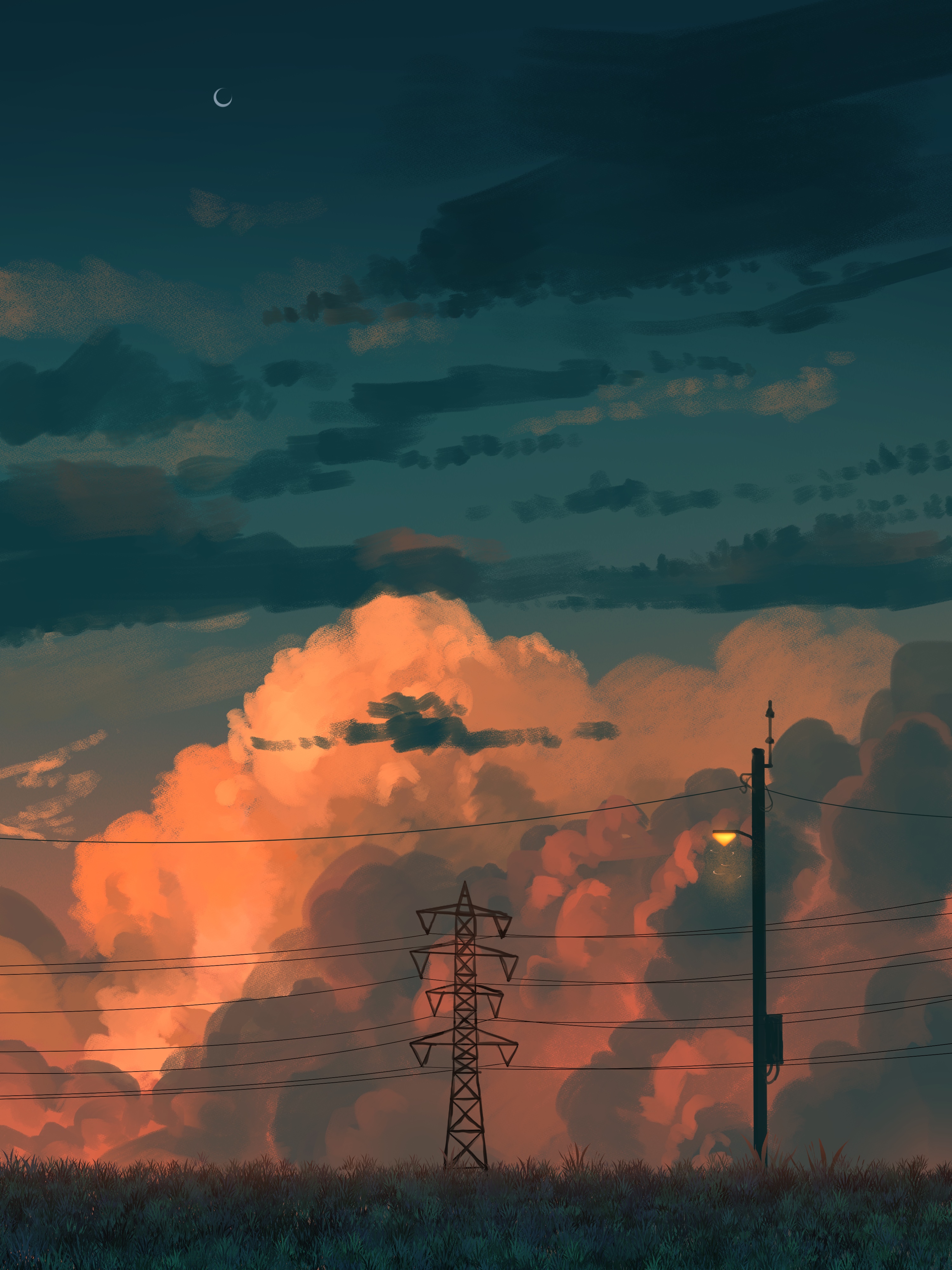 Evening sky with orange clouds and power lines HD Phone Wallpaper