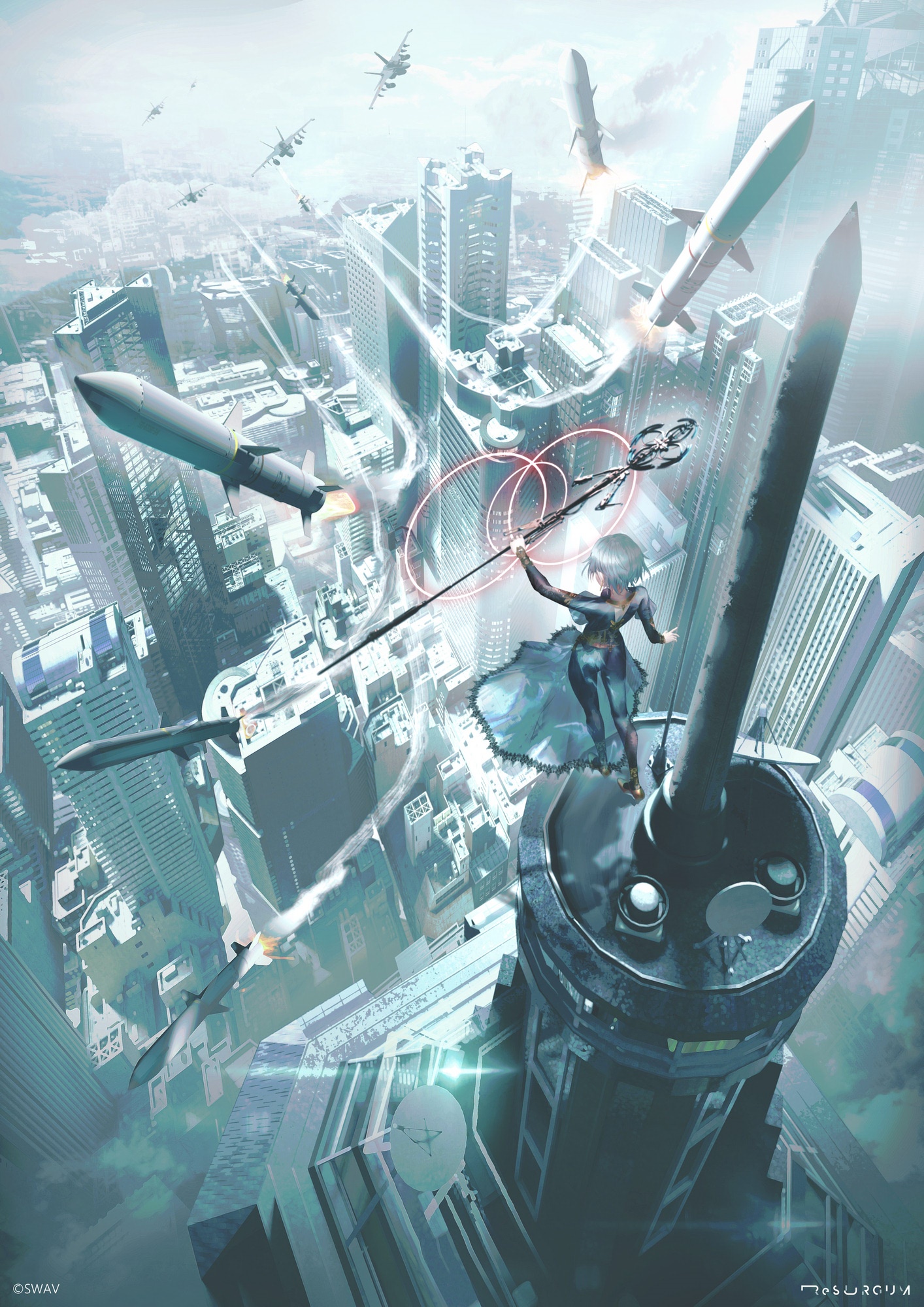 Anime girl with staff in cityscape with missiles and jets HD Phone Wallpaper