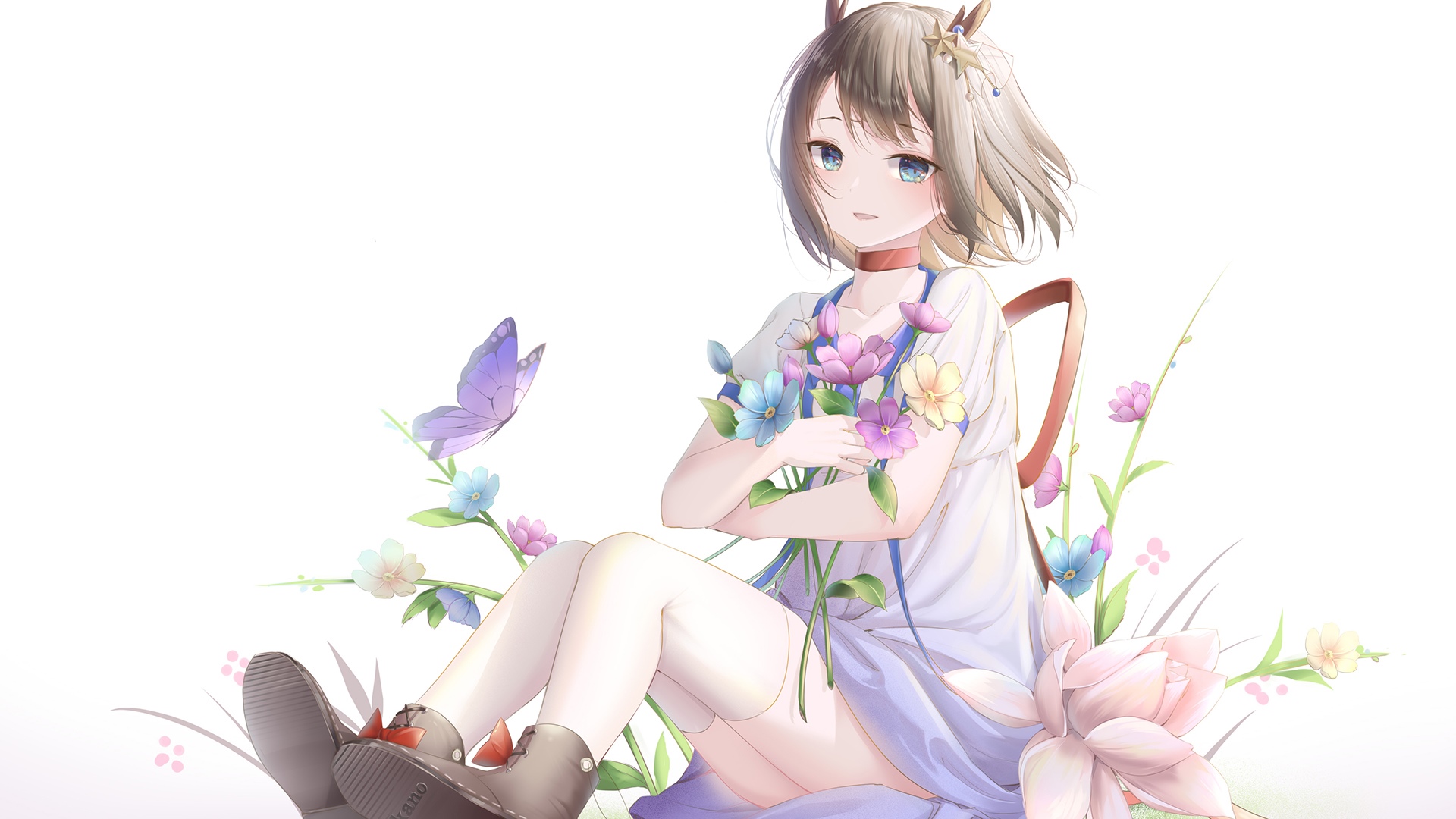 Girl with flowers and butterfly on white background HD Wallpaper