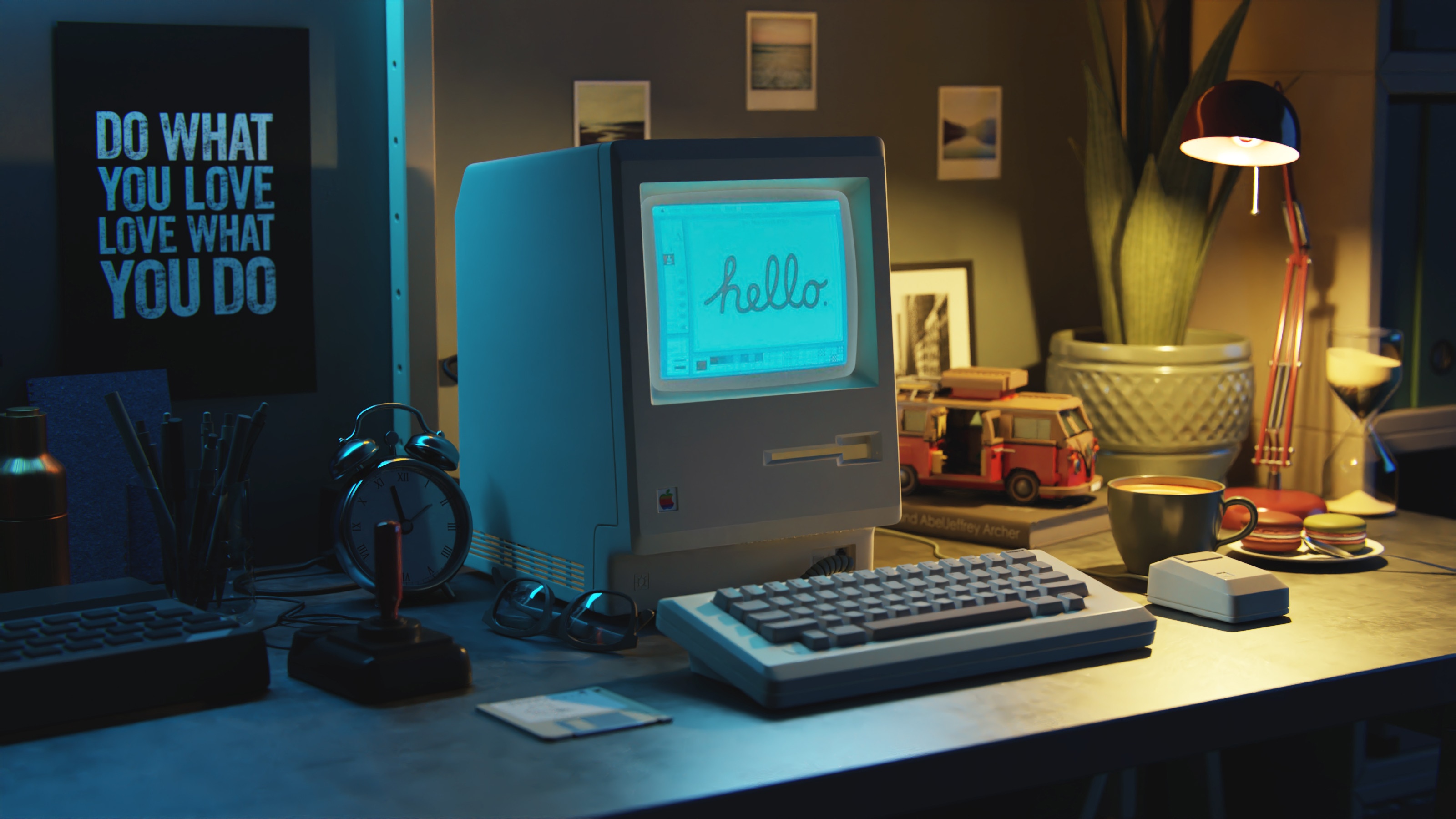 Retro Macintosh computer setup on a desk at night HD Wallpaper