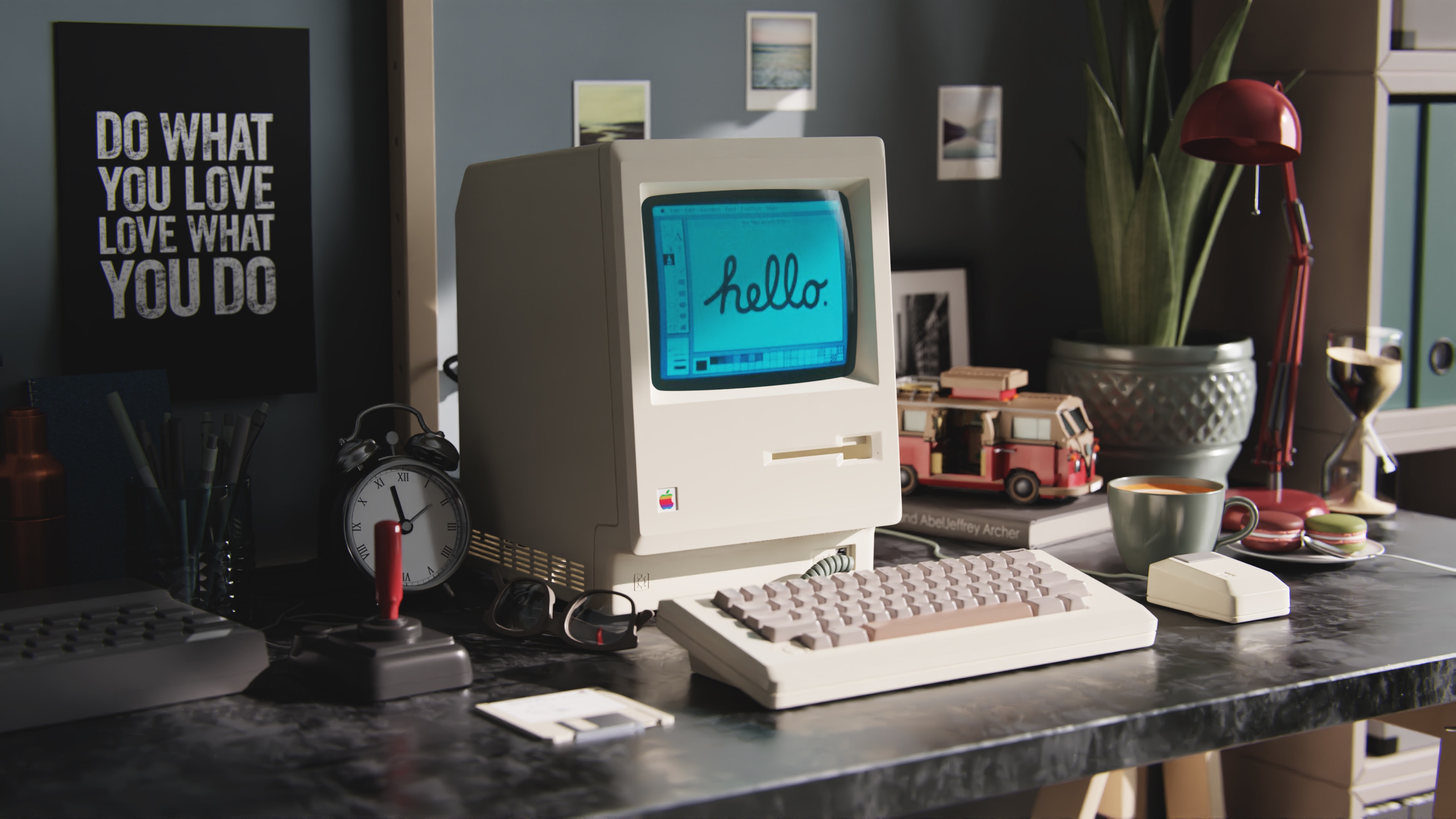 Retro Apple Macintosh computer on a desk HD Wallpaper