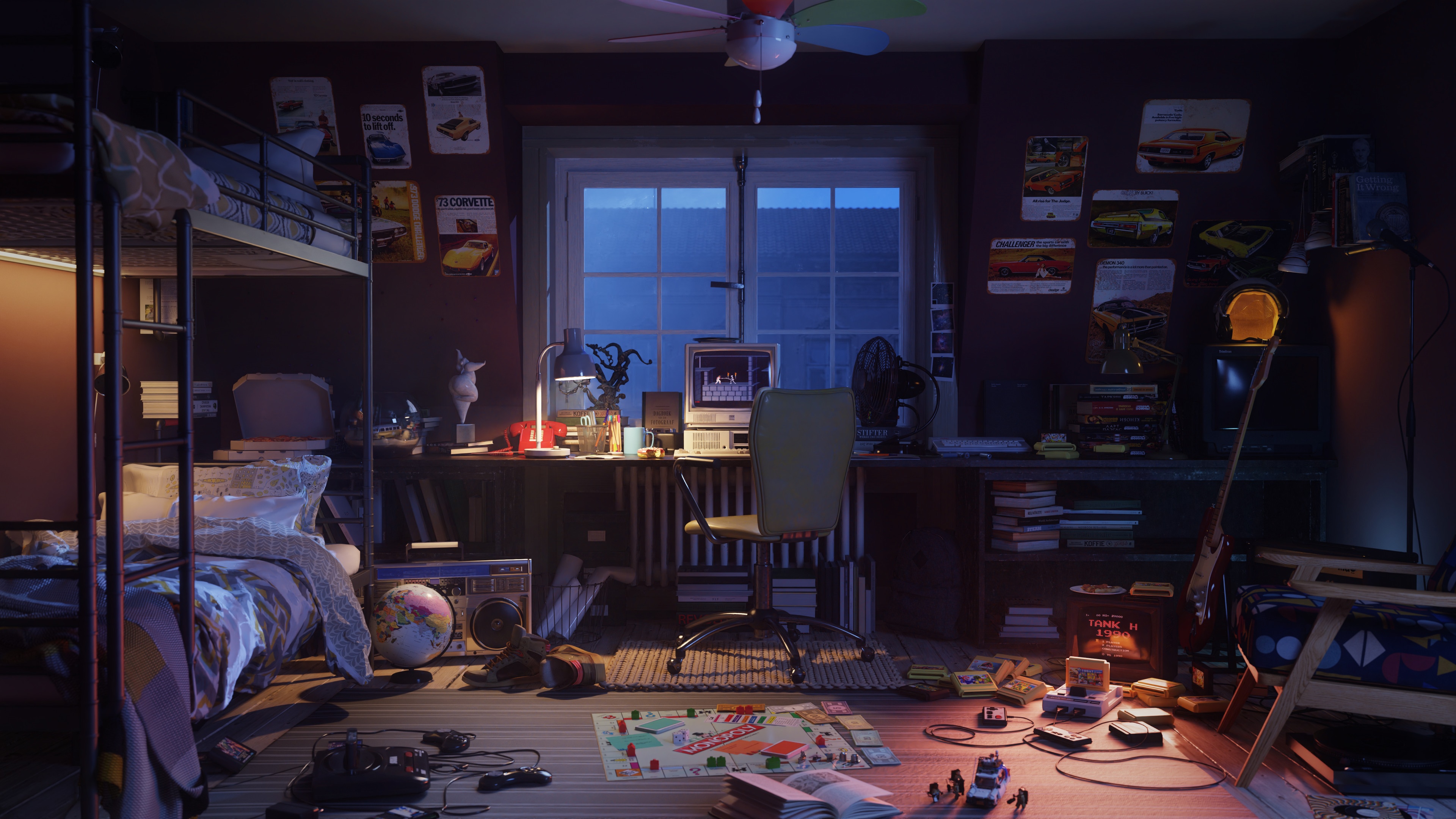 Nostalgic Bedroom with Sega Genesis and Monopoly HD Wallpaper