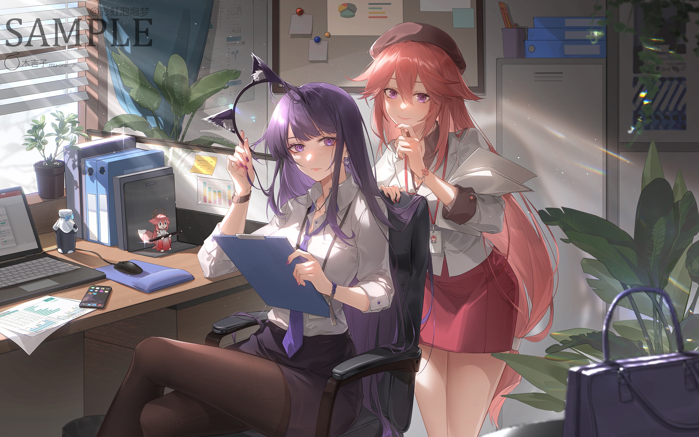 Raiden Shogun and Yae Miko in an office HD Wallpaper
