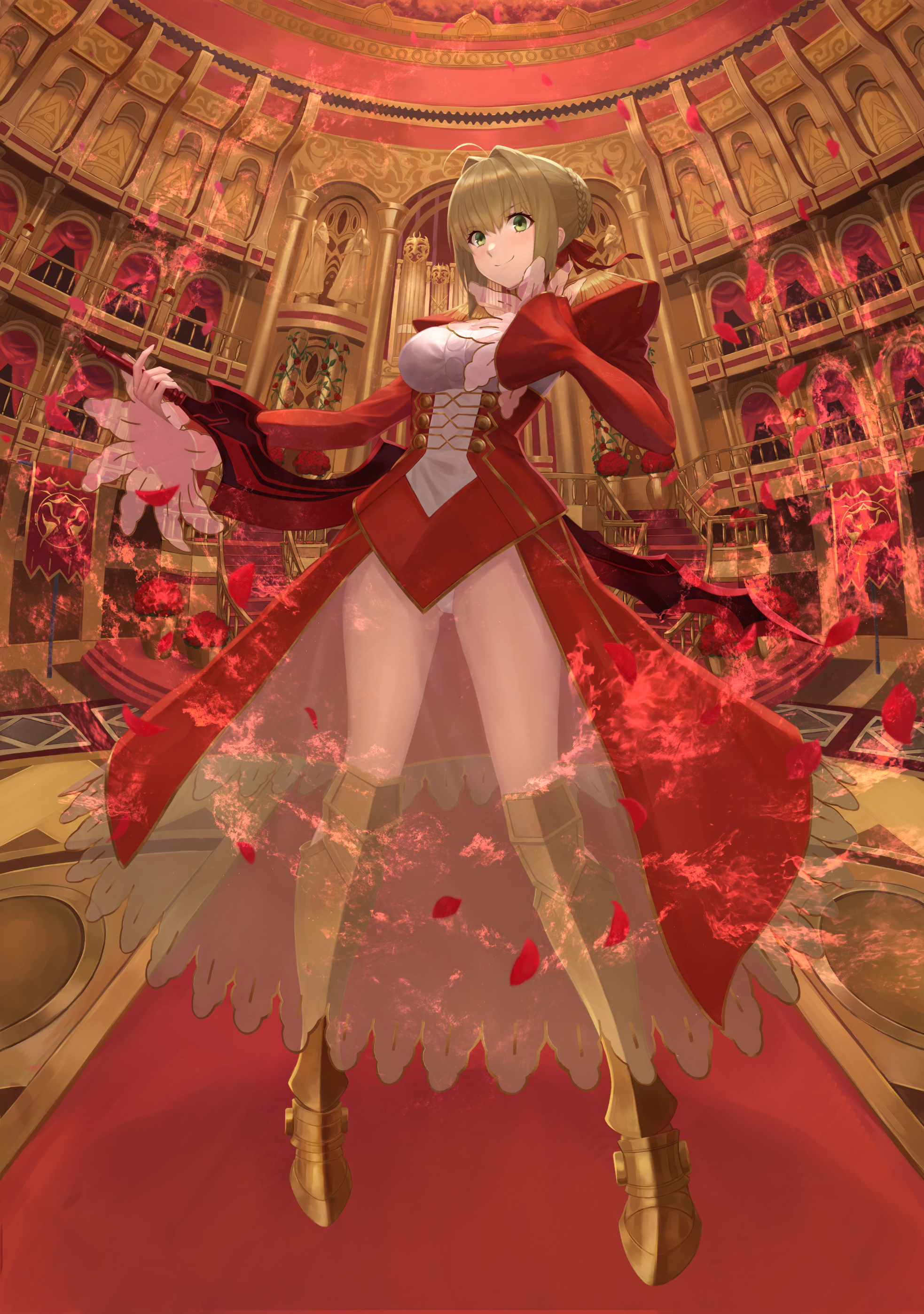 Nero Claudius in a Red Dress with Rose Petals HD Phone Wallpaper