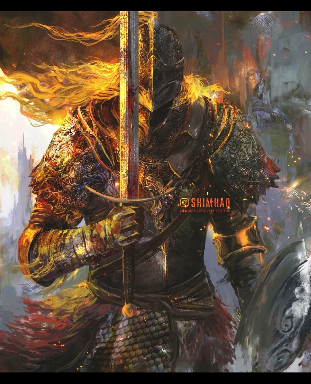 Elden Ring Tarnished Knight with Fiery Hair HD Phone Wallpaper