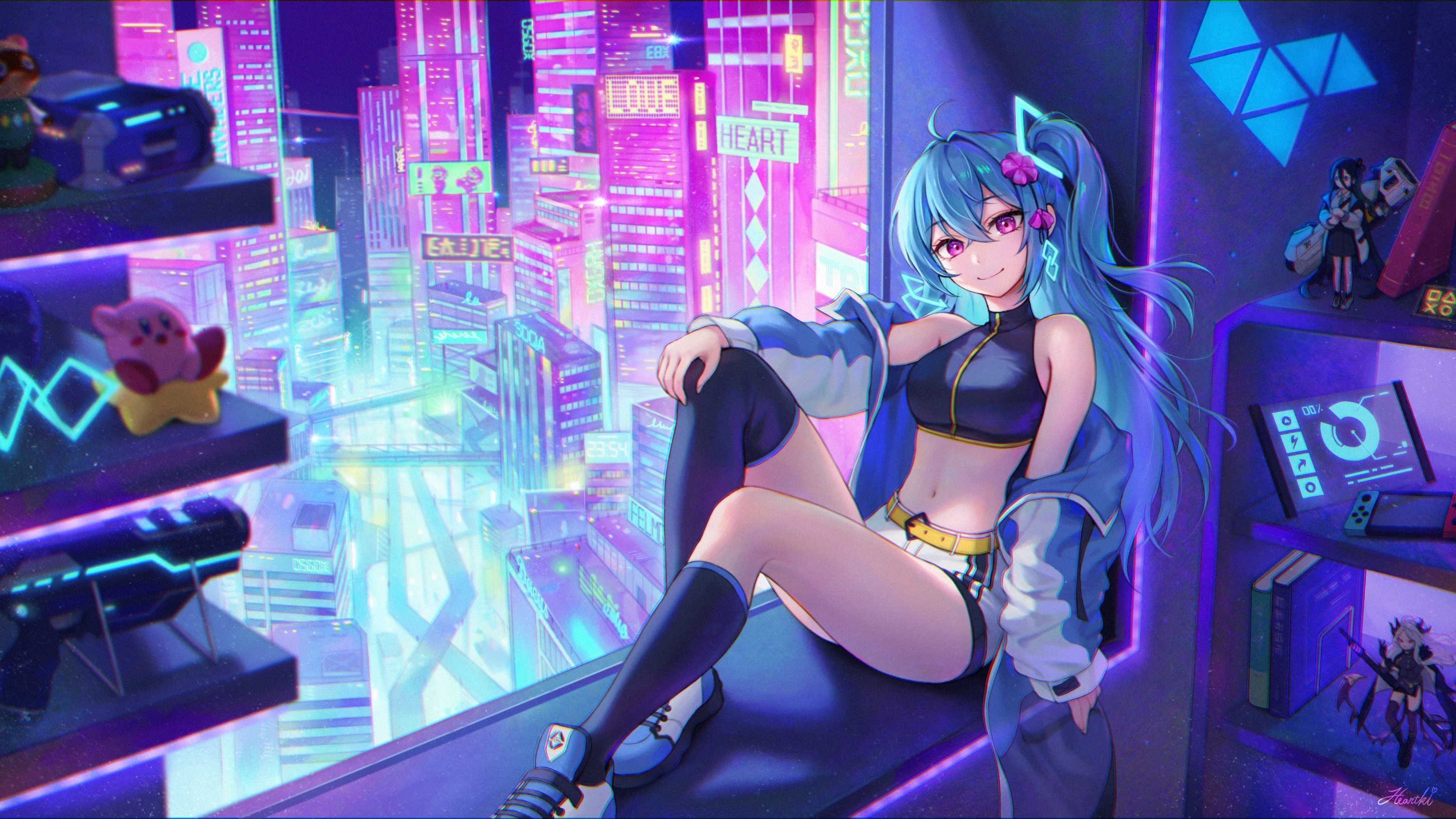 Cyberpunk girl with blue hair in a neon cityscape HD Wallpaper