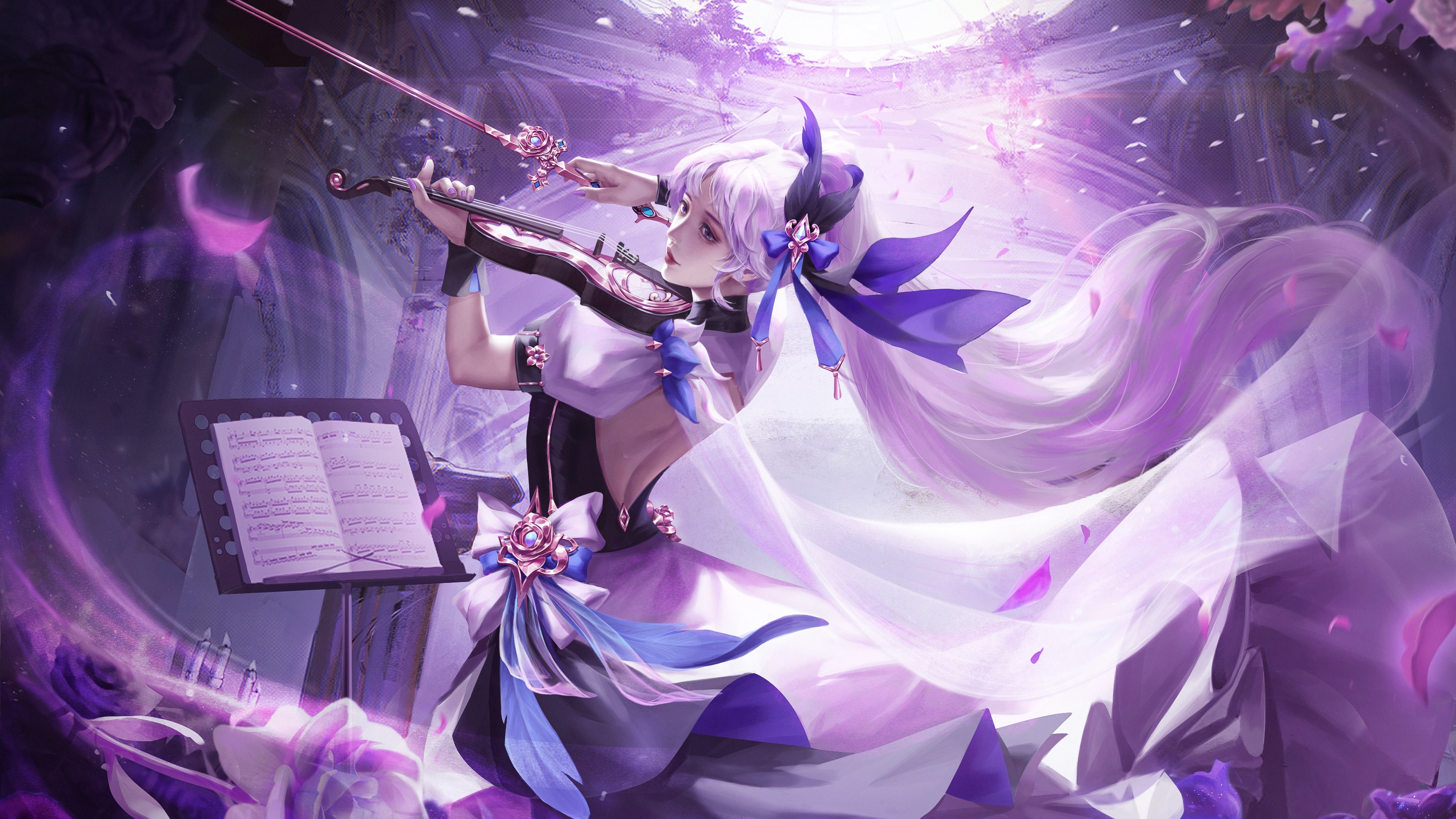 4K woman playing violin with sheet music HD Wallpaper