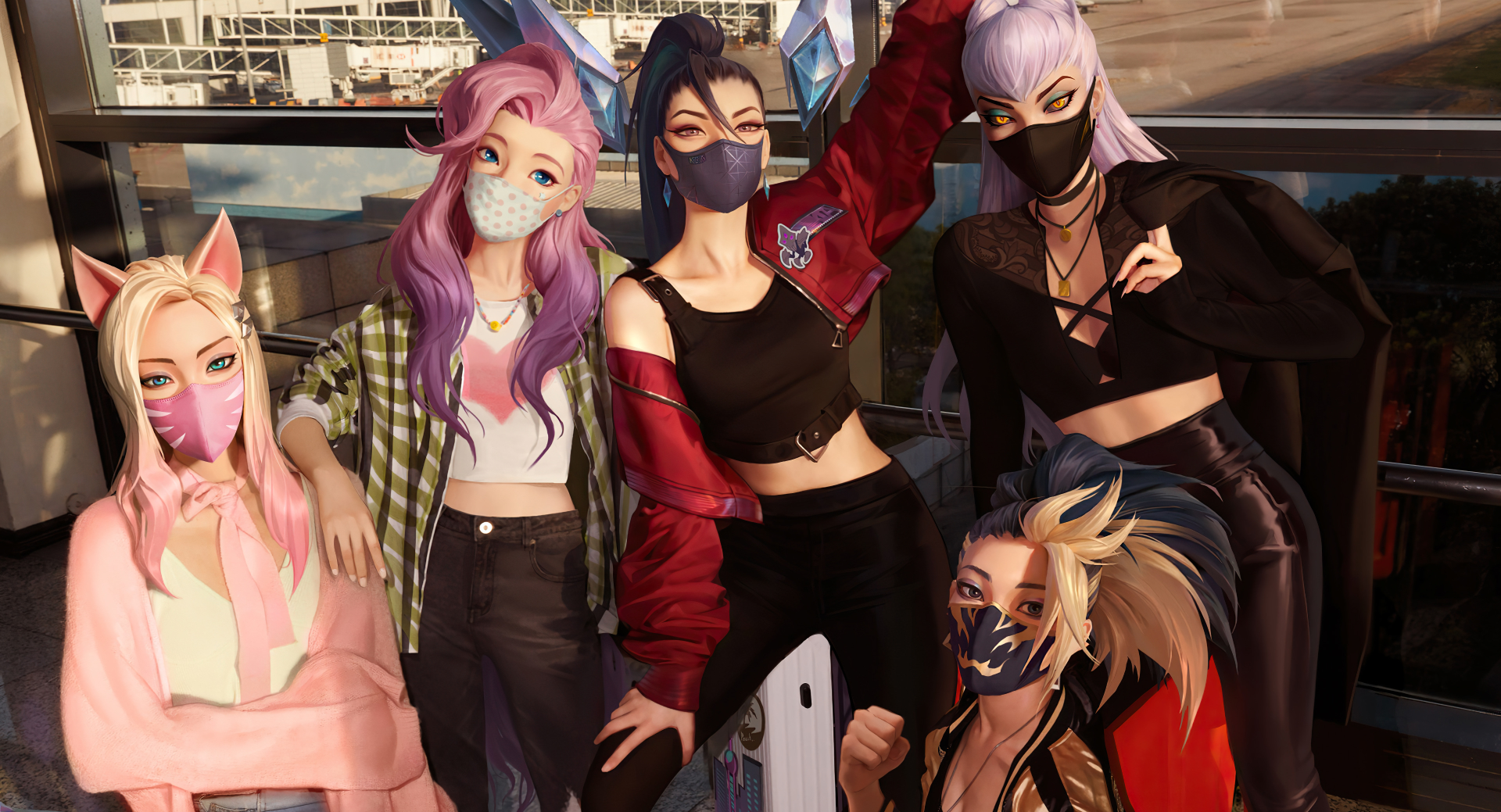 K/DA members wearing masks in front of a building HD Wallpaper