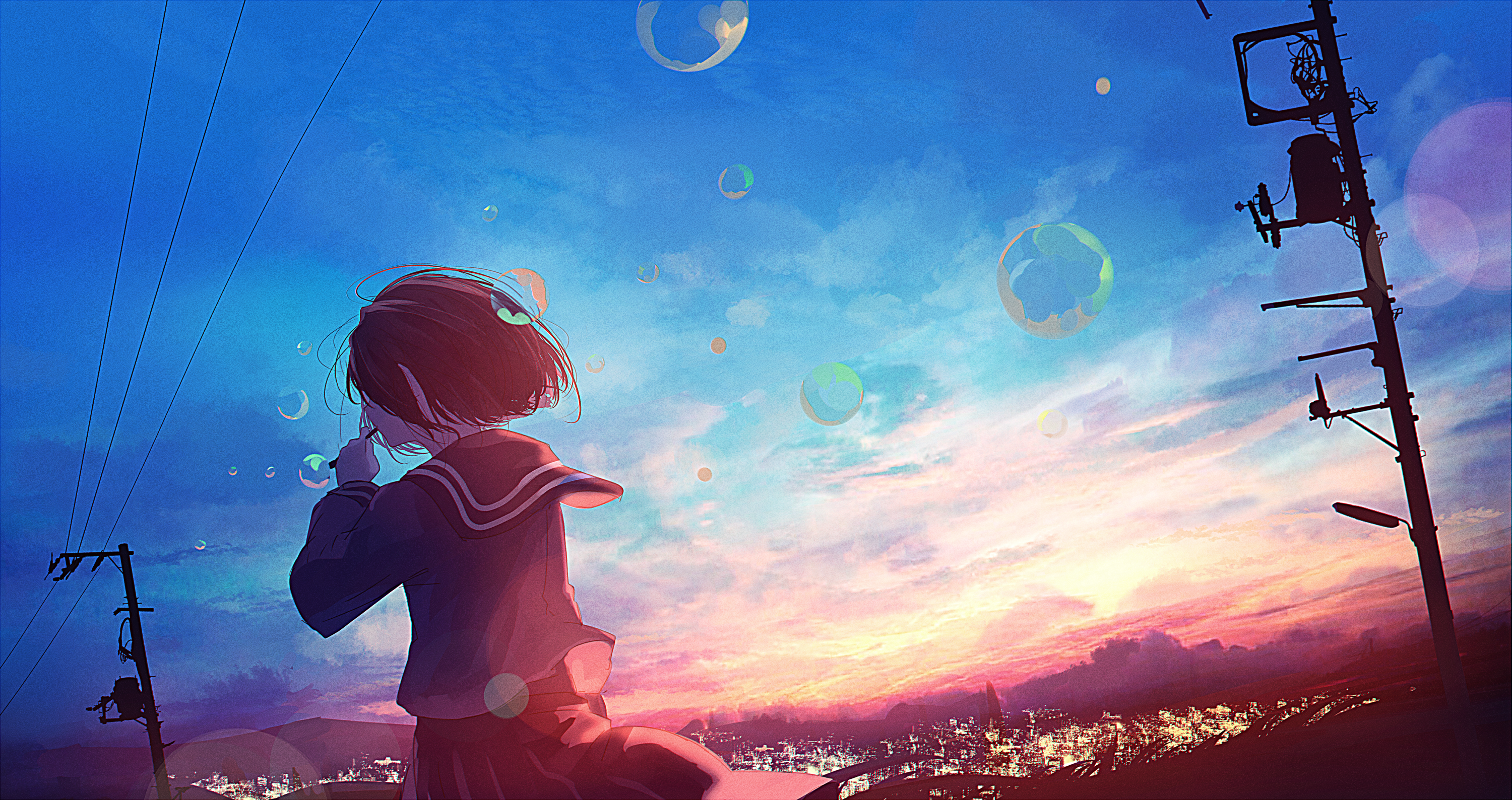 Anime girl in school uniform blowing bubbles at sunset HD Wallpaper