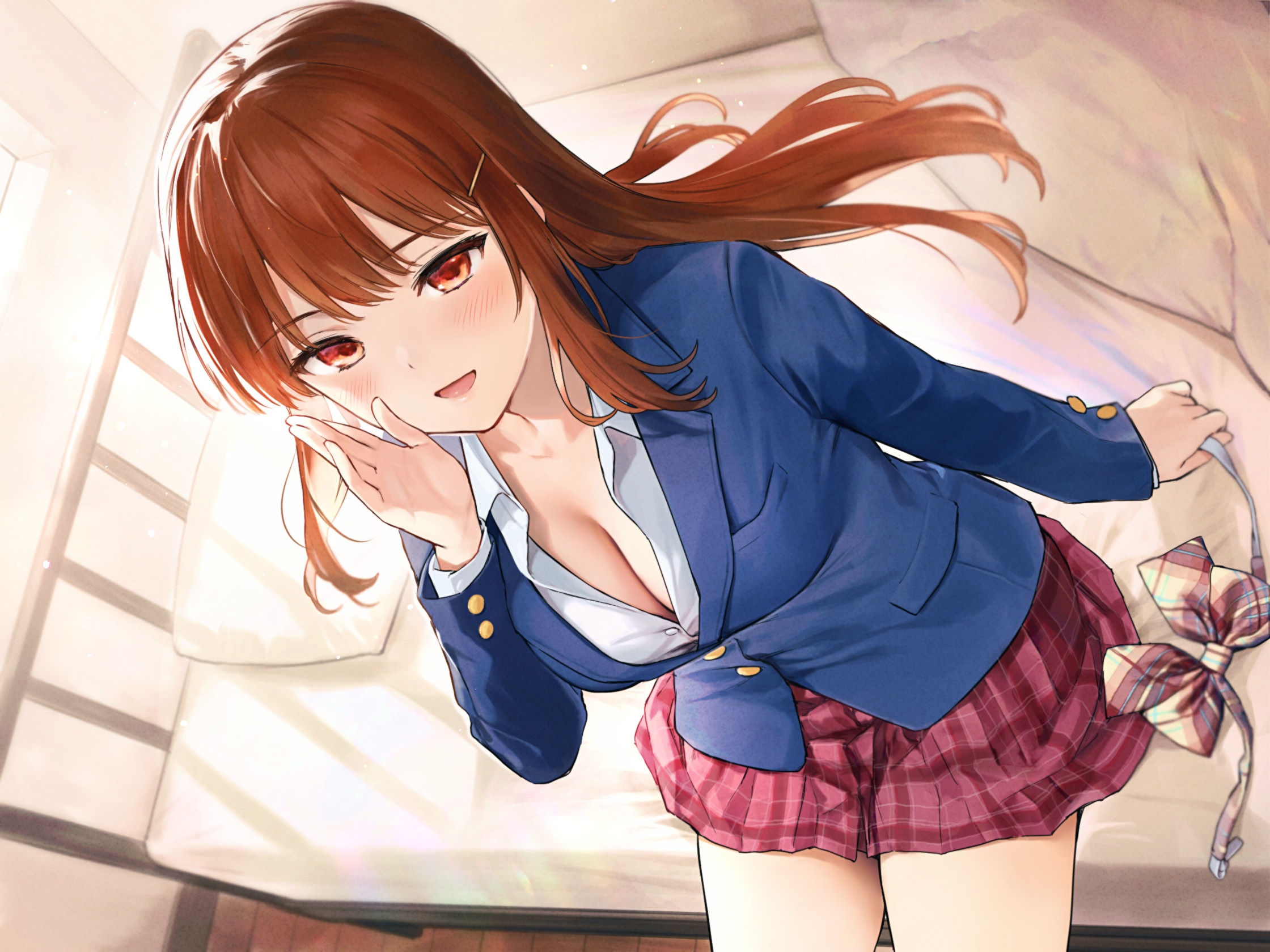 Anime girl in school uniform on a bed HD Wallpaper