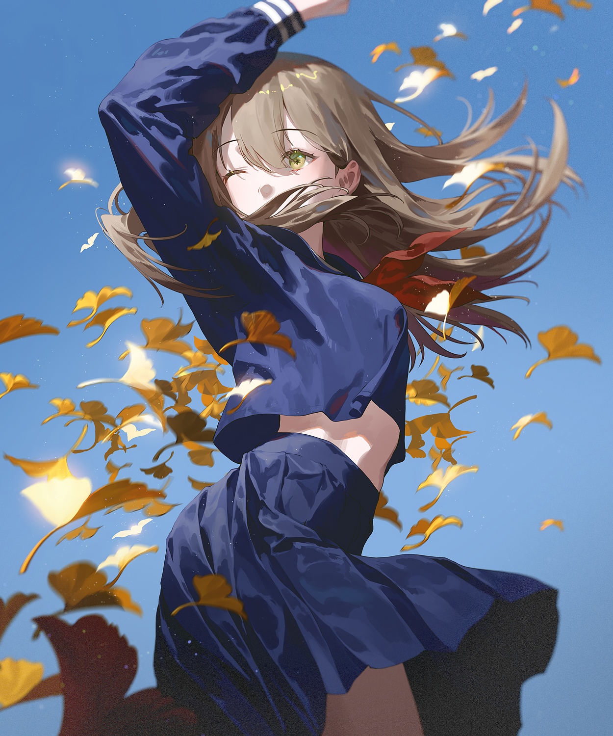 Fajyobore girl in school uniform with falling leaves HD Phone Wallpaper