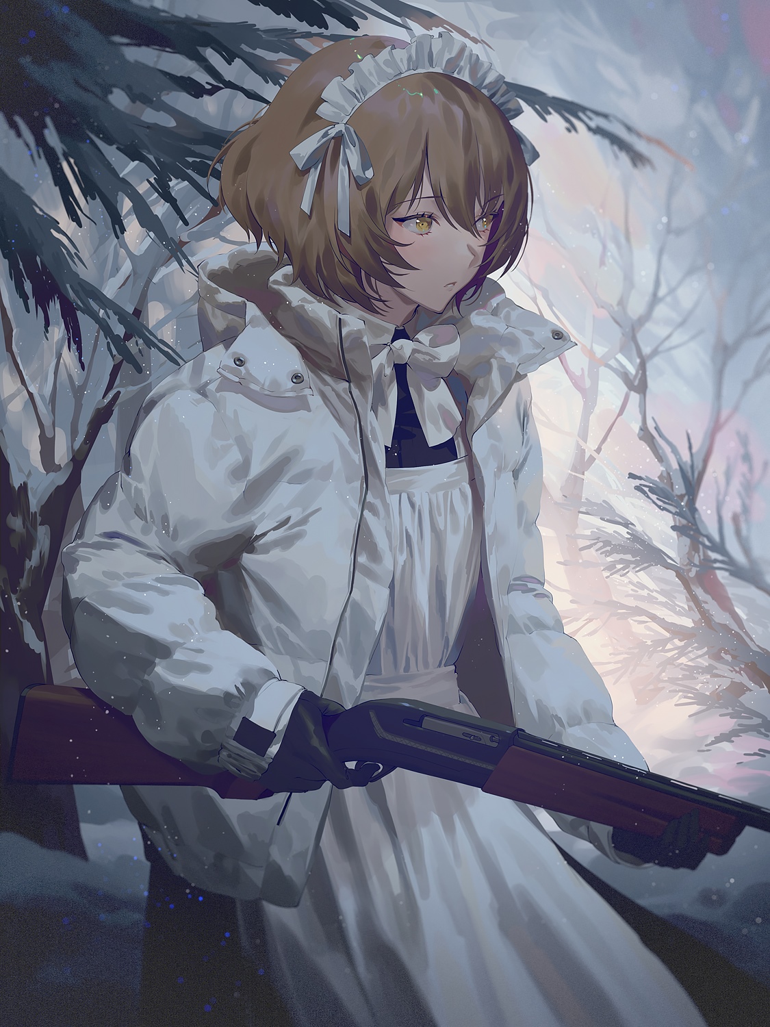 Fajyobore in a maid outfit with a rifle in winter HD Phone Wallpaper